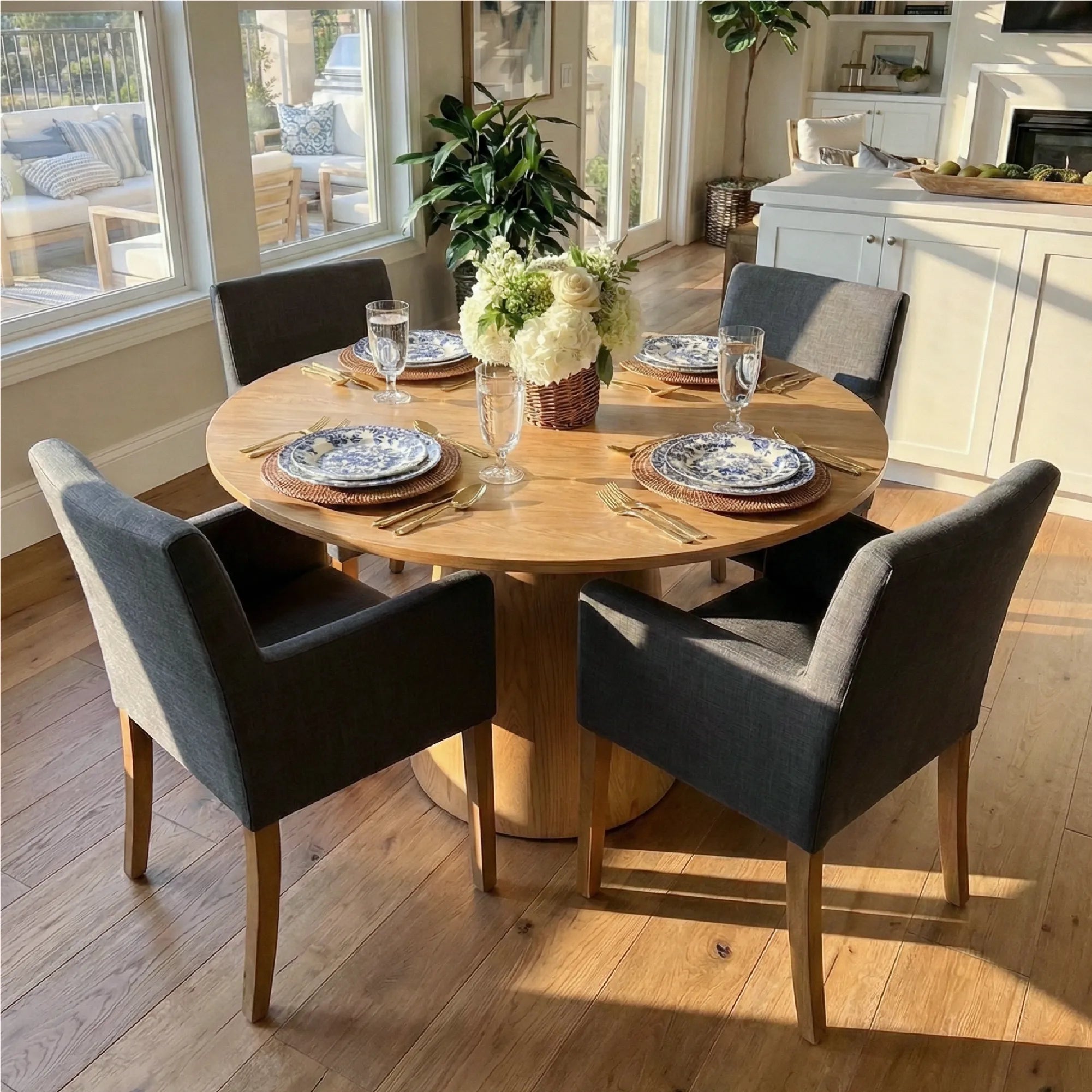 Dwen & North 46" Round Dining Table Set for 4 with Arms (5-Piece)