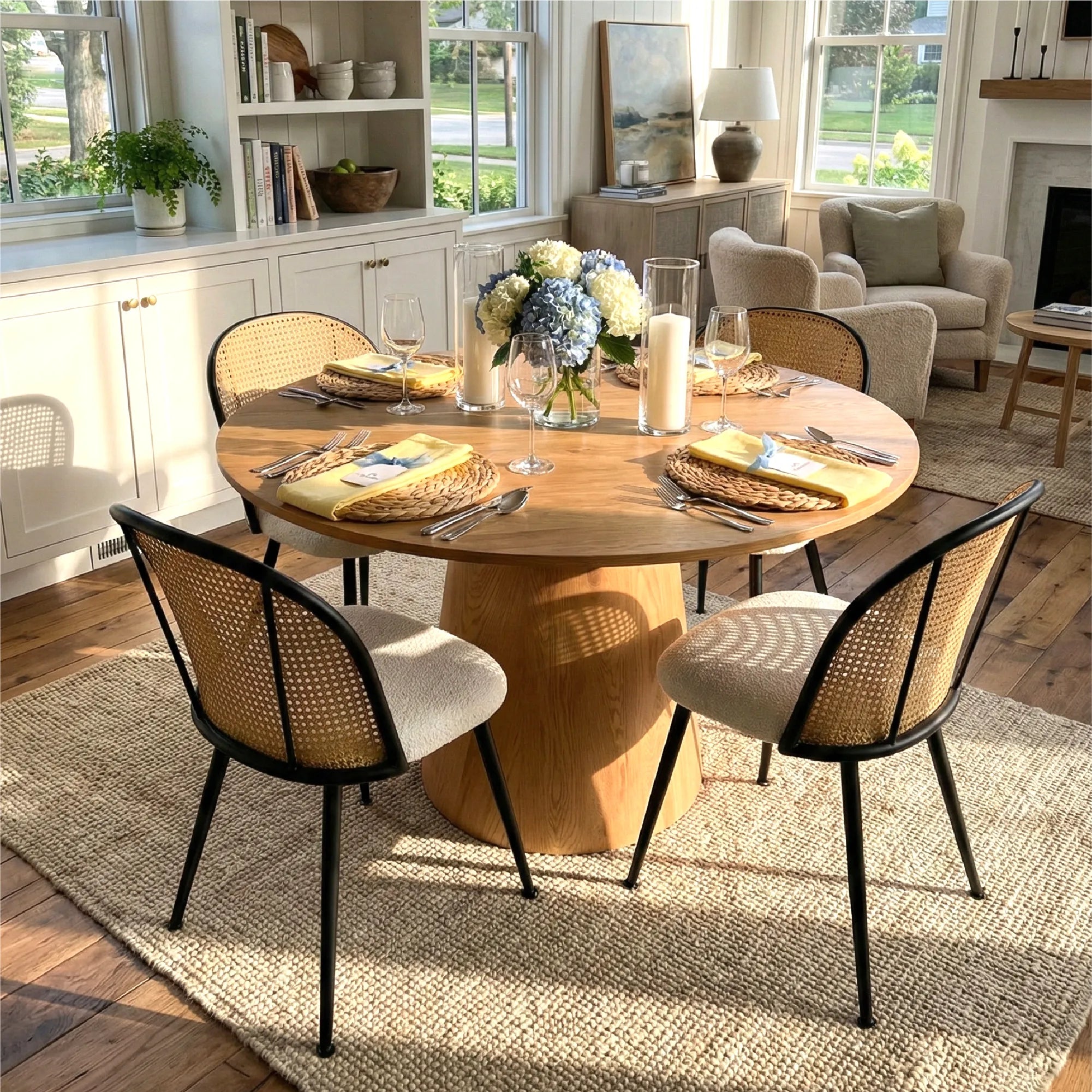 Dwen & Jules 46" Modern Round Rattan Dining Table Set for 4 (5-Piece)
