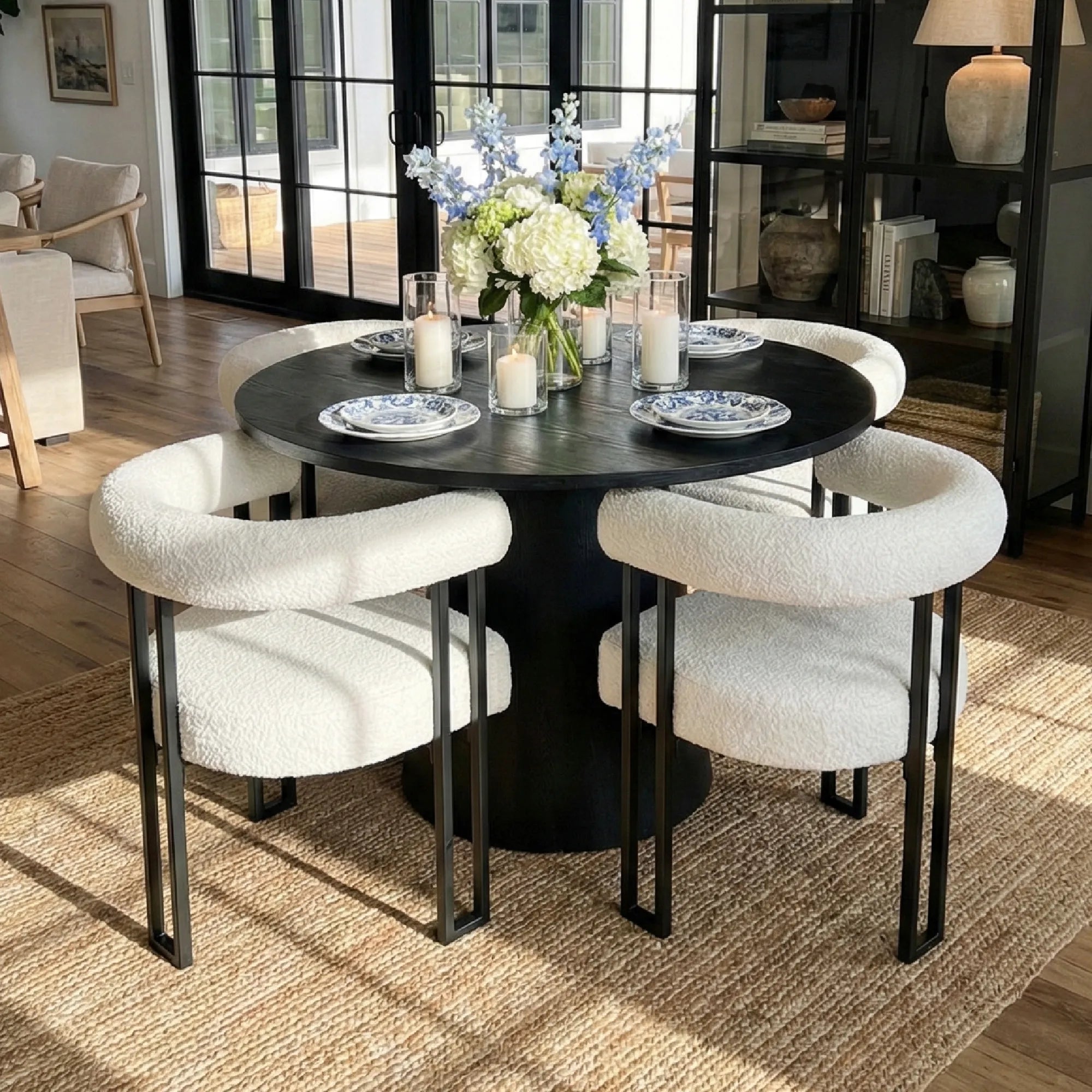 Dwen & Rola 46" Round Black & Boucle Dining Table Set for 4 (5-Piece)