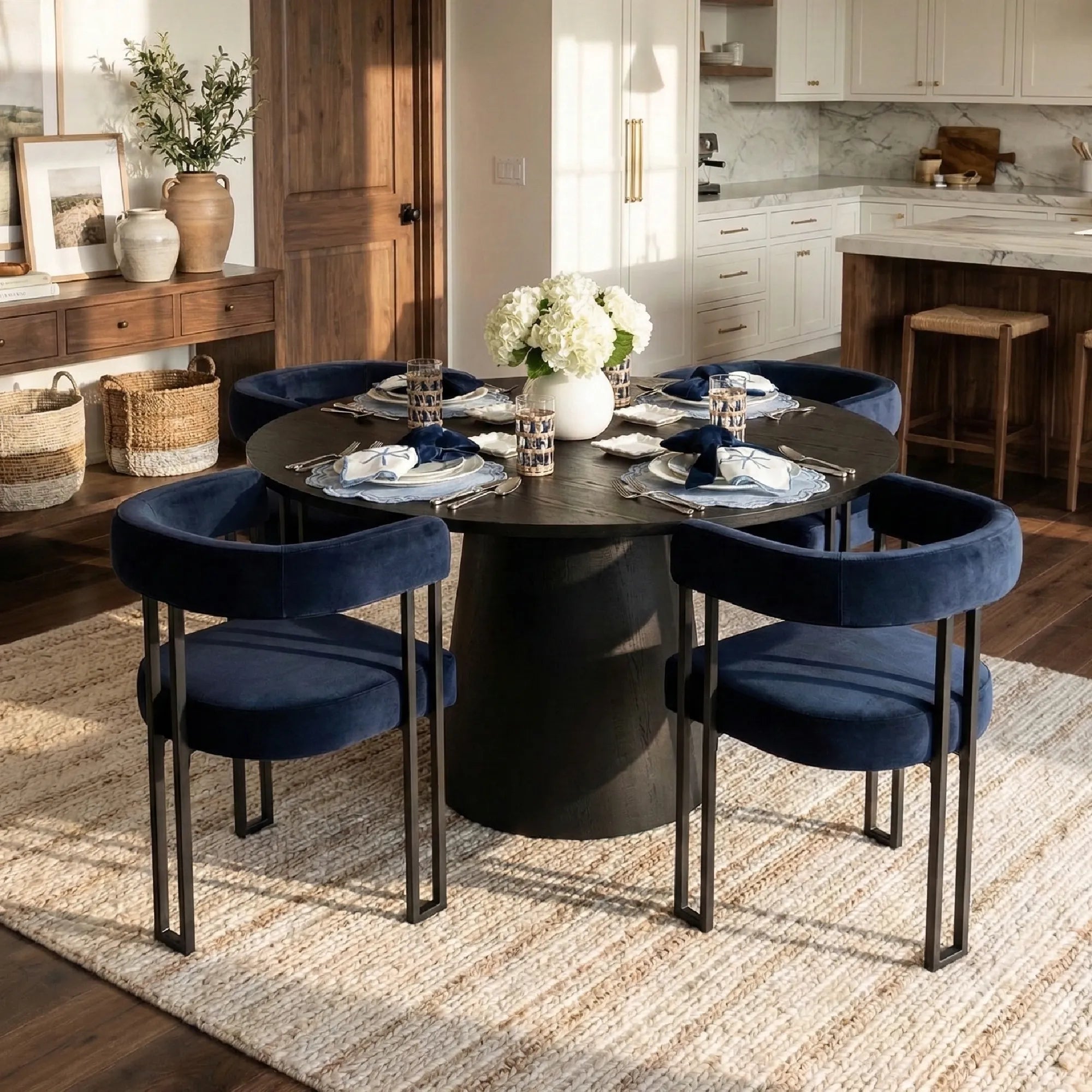 Dwen & Mia 46" Round Black & Velvet Dining Table Set for 4 (5-Piece)