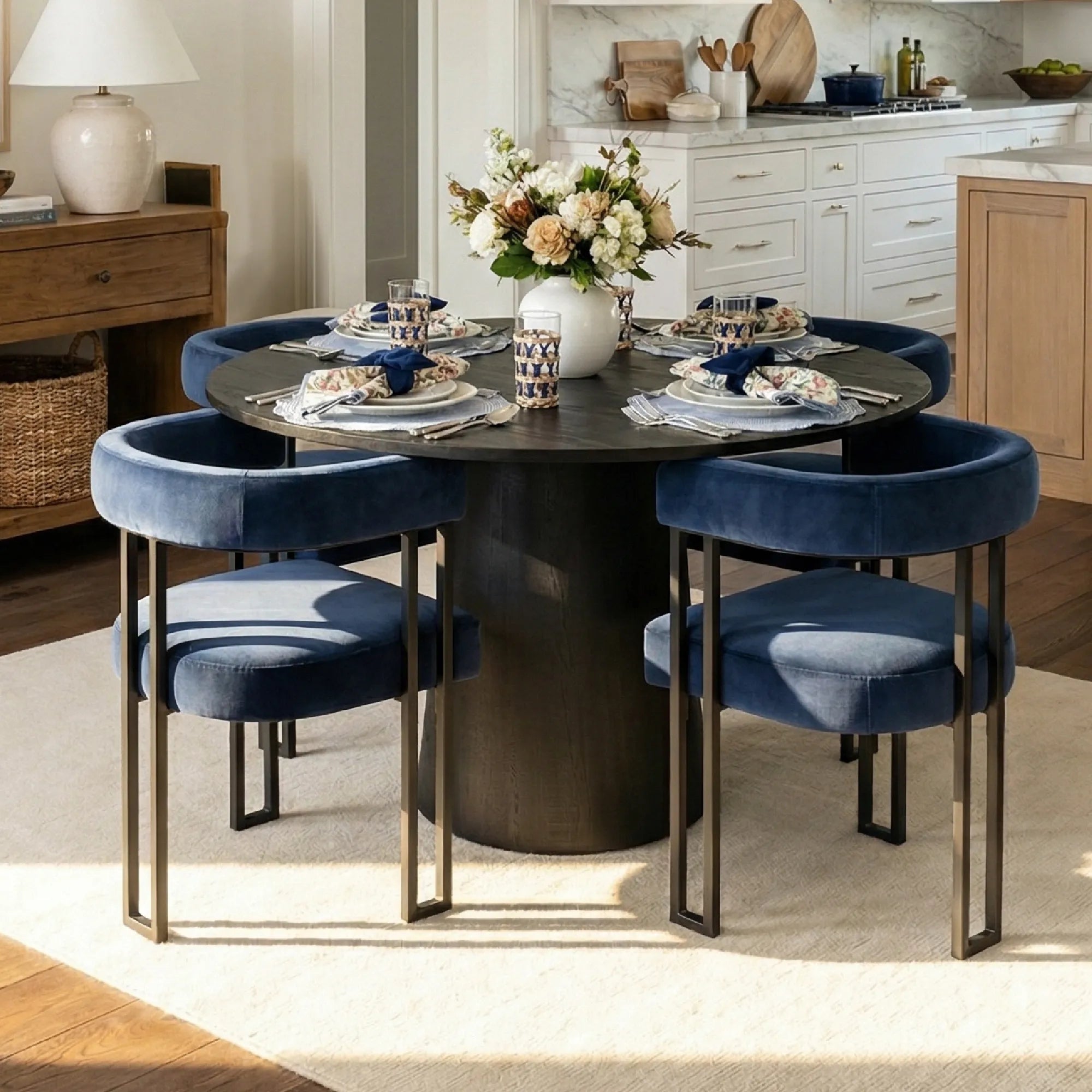 Dwen & Mia 46" Round Black & Velvet Dining Table Set for 4 (5-Piece)