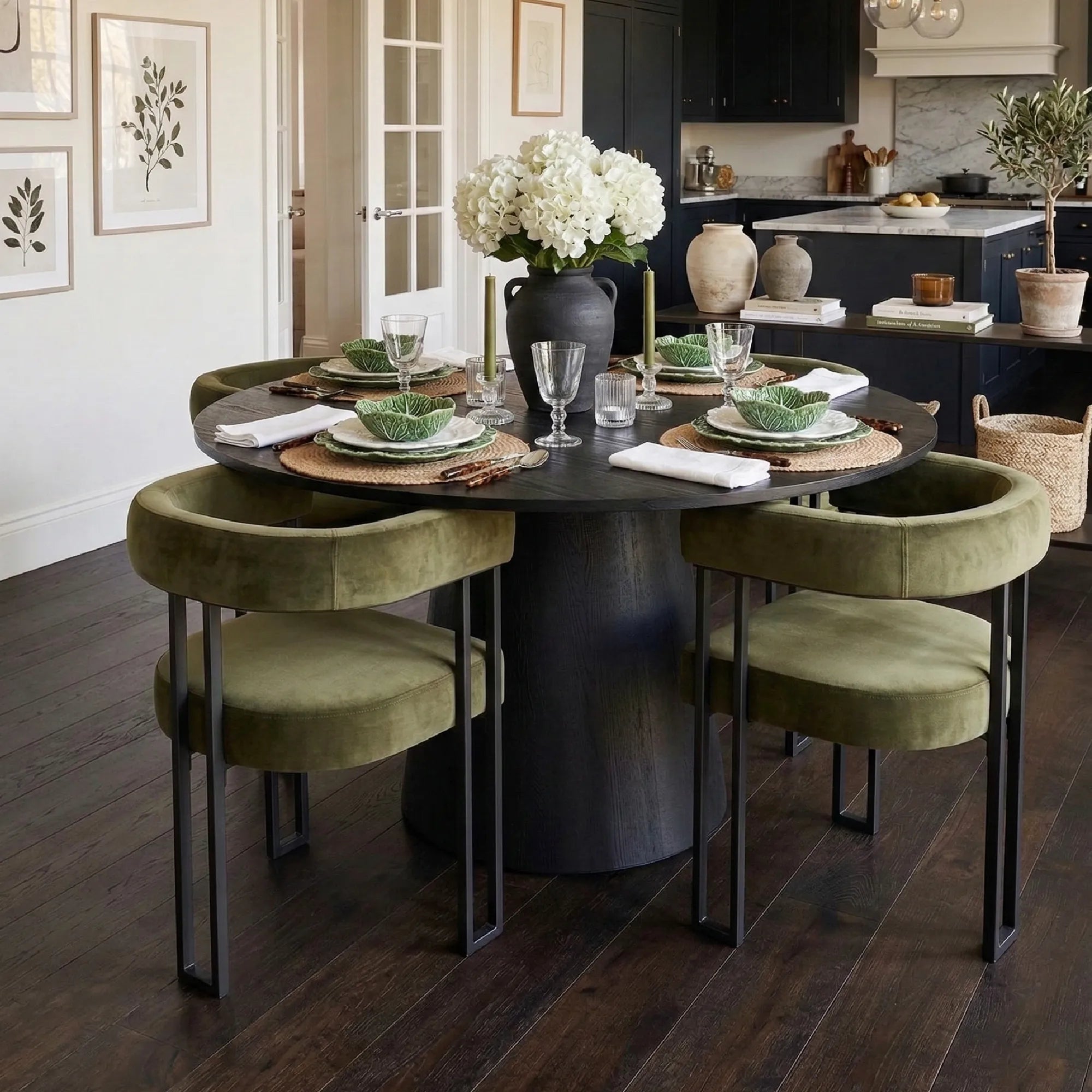 Dwen & Mia 46" Round Black & Velvet Dining Table Set for 4 (5-Piece)