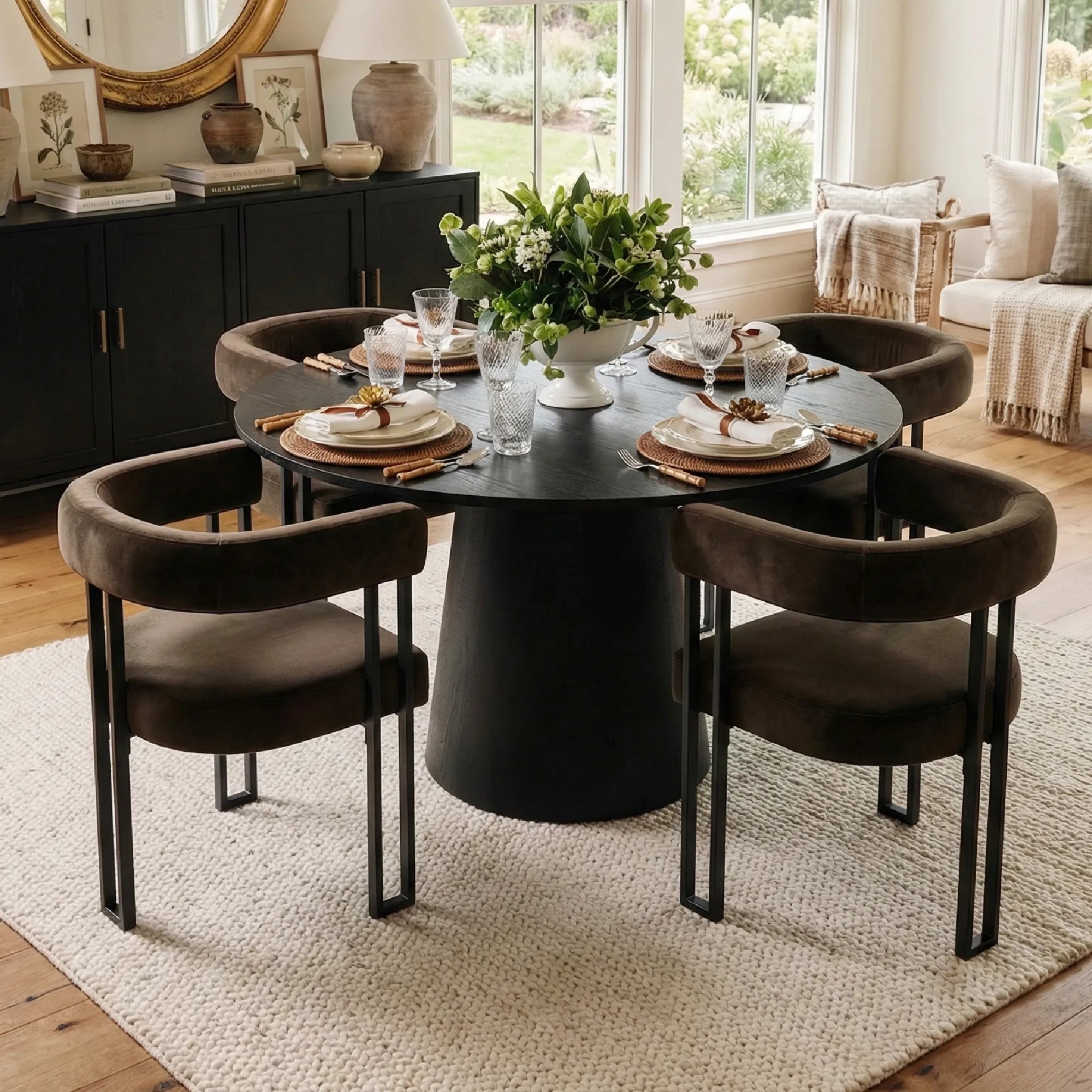 Dwen & Mia 46" Round Black & Velvet Dining Table Set for 4 (5-Piece)