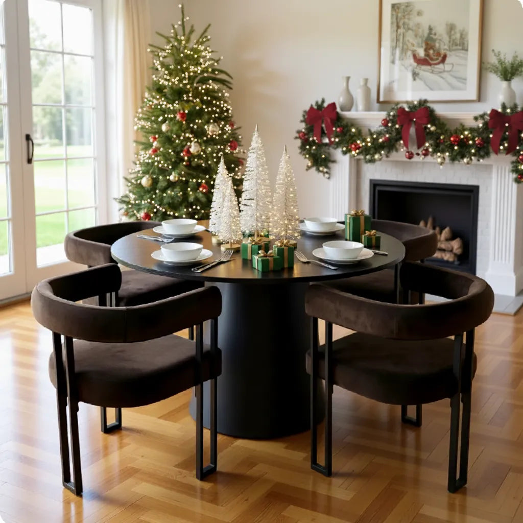 Dwen & Mia 46" Round Black & Velvet Dining Table Set for 4 (5-Piece)
