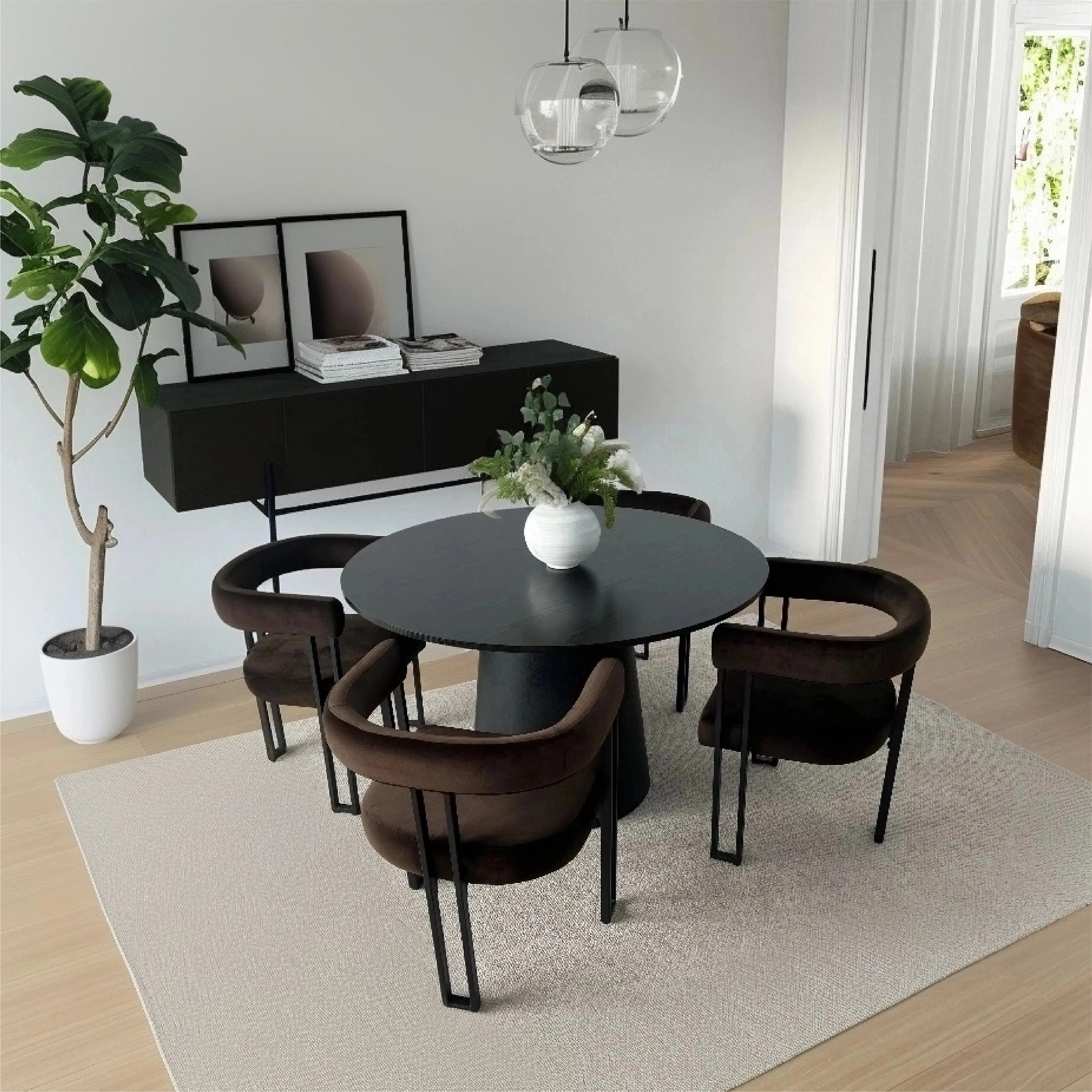 Dwen & Mia 46" Round Black & Velvet Dining Table Set for 4 (5-Piece)
