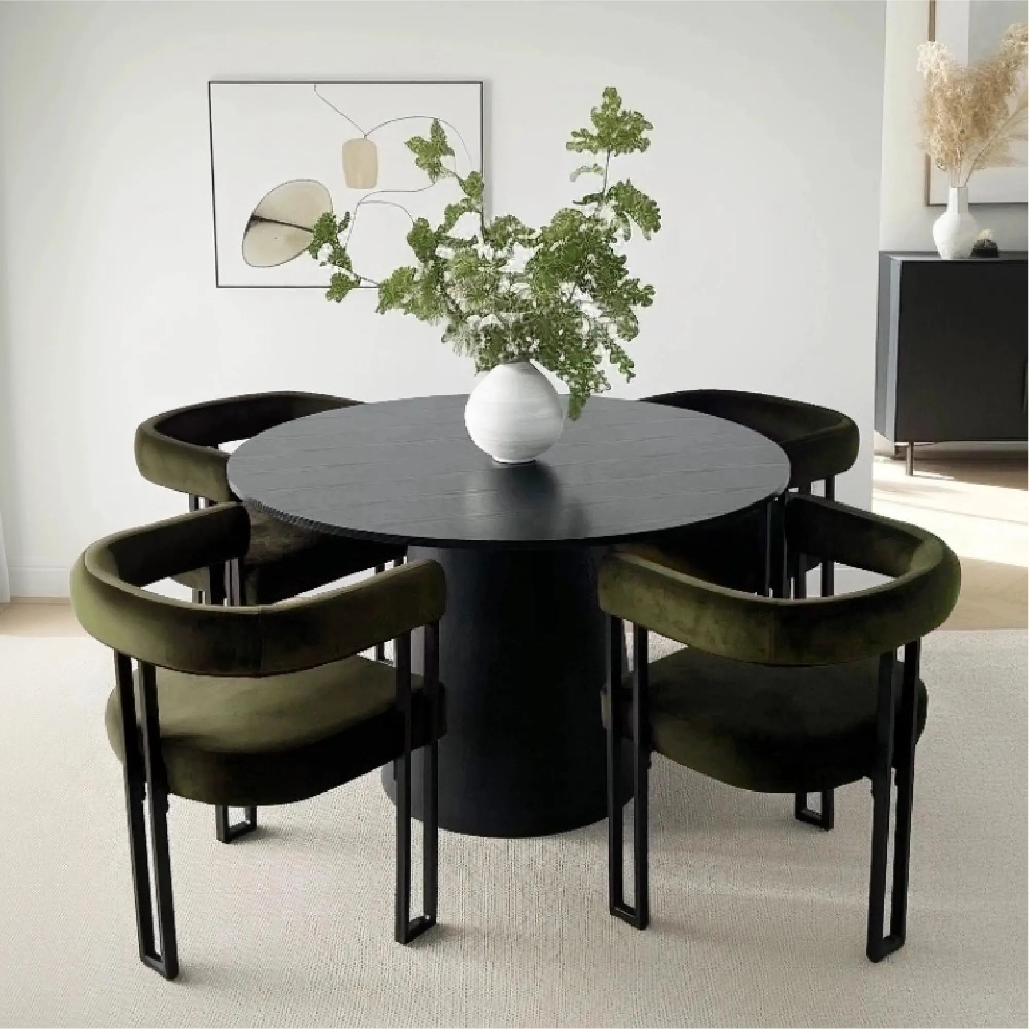 Dwen & Mia 46" Round Black & Velvet Dining Table Set for 4 (5-Piece)