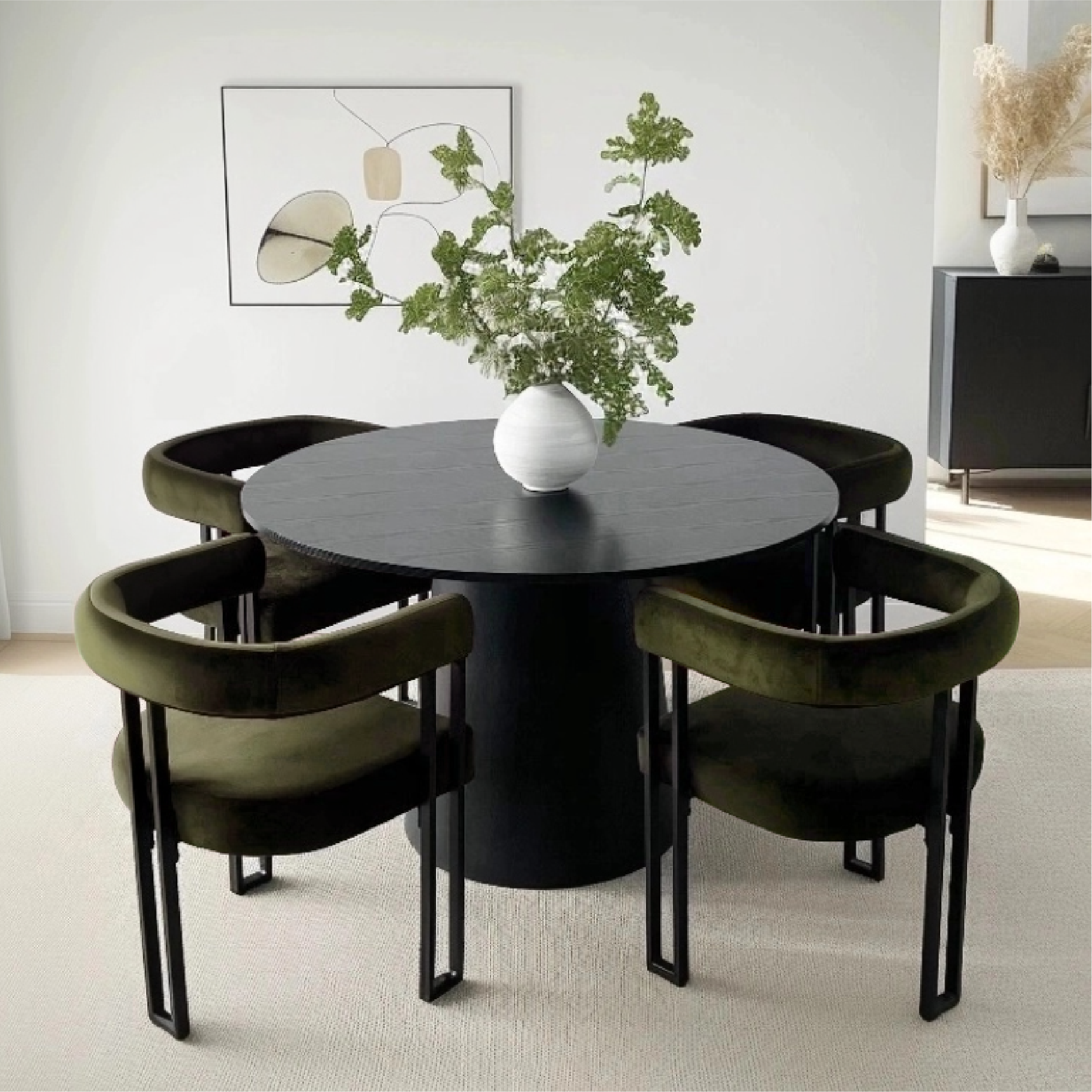 Dwen & Mia 46" Round Black & Velvet Dining Table Set for 4 (5-Piece)