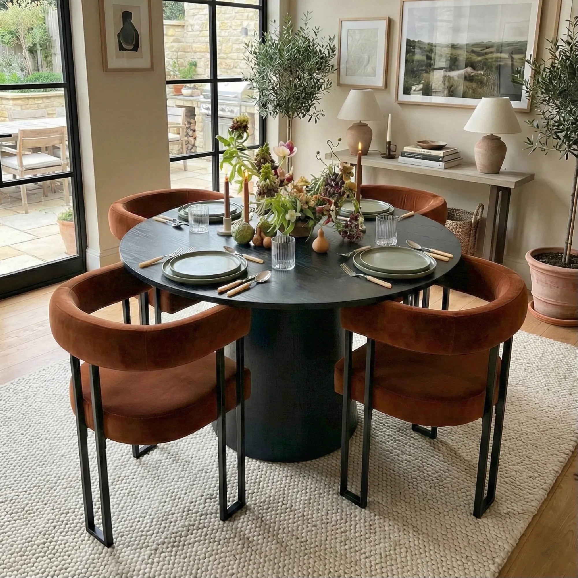 Dwen & Mia 46" Round Black & Velvet Dining Table Set for 4 (5-Piece)