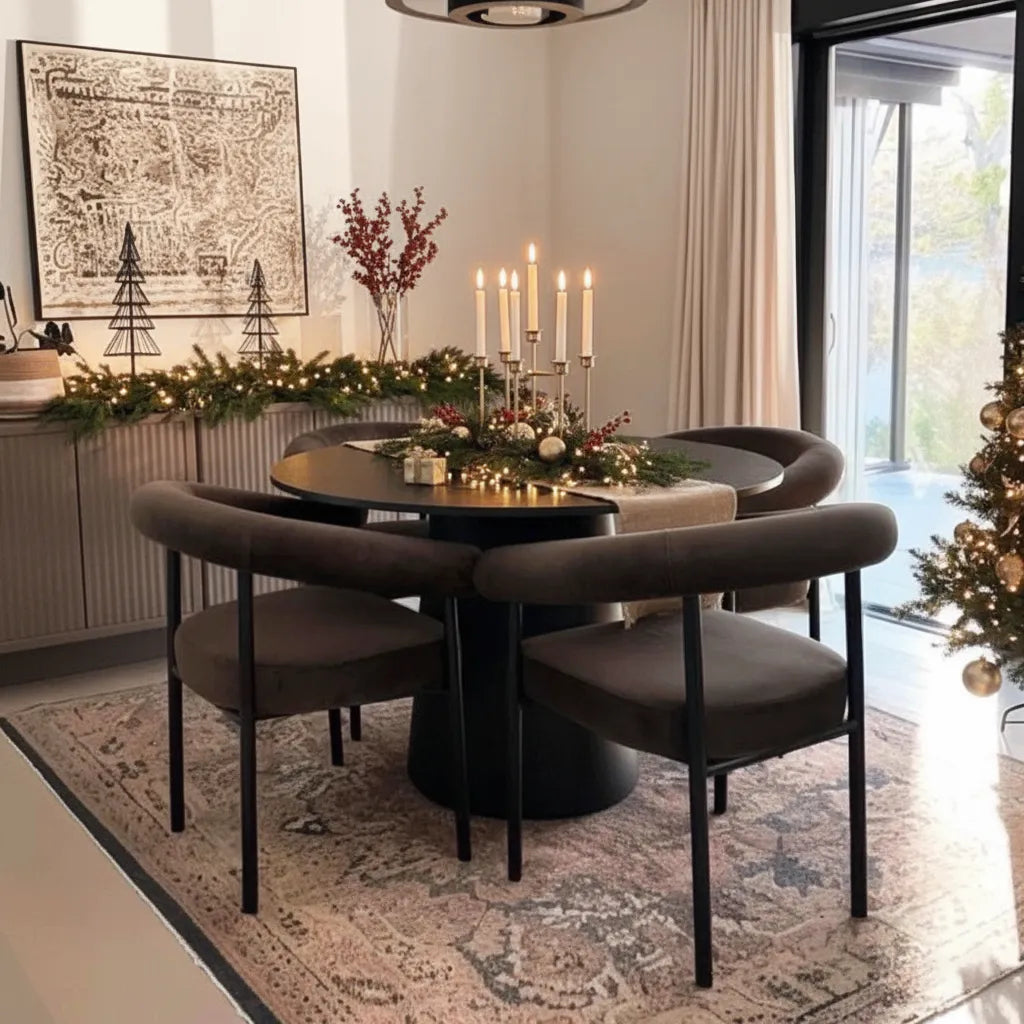 Dwen & New York 46" Round Black & Velvet Dining Table Set for 4 (5-Piece)