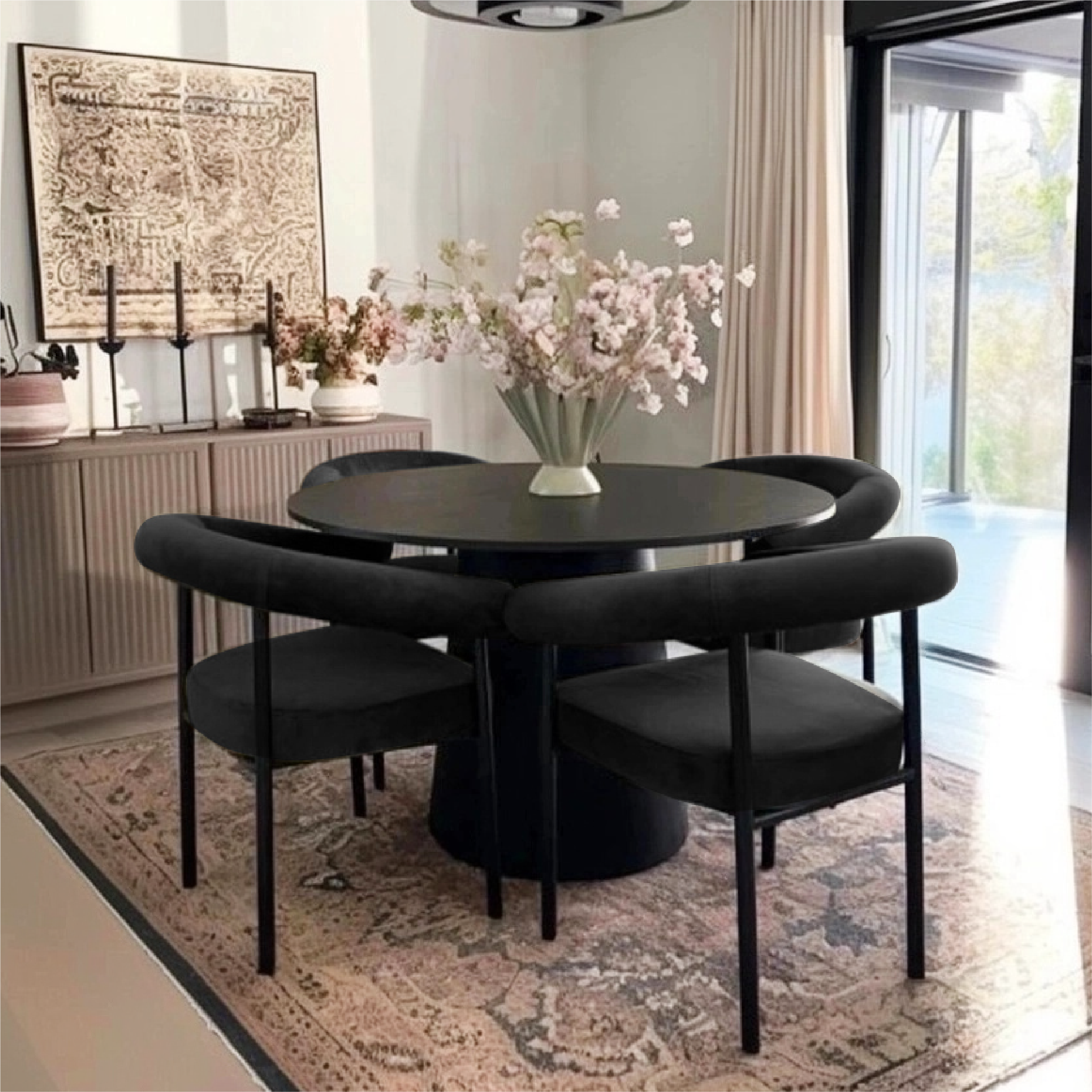 Dwen & New York 46" Round Black & Velvet Dining Table Set for 4 (5-Piece)