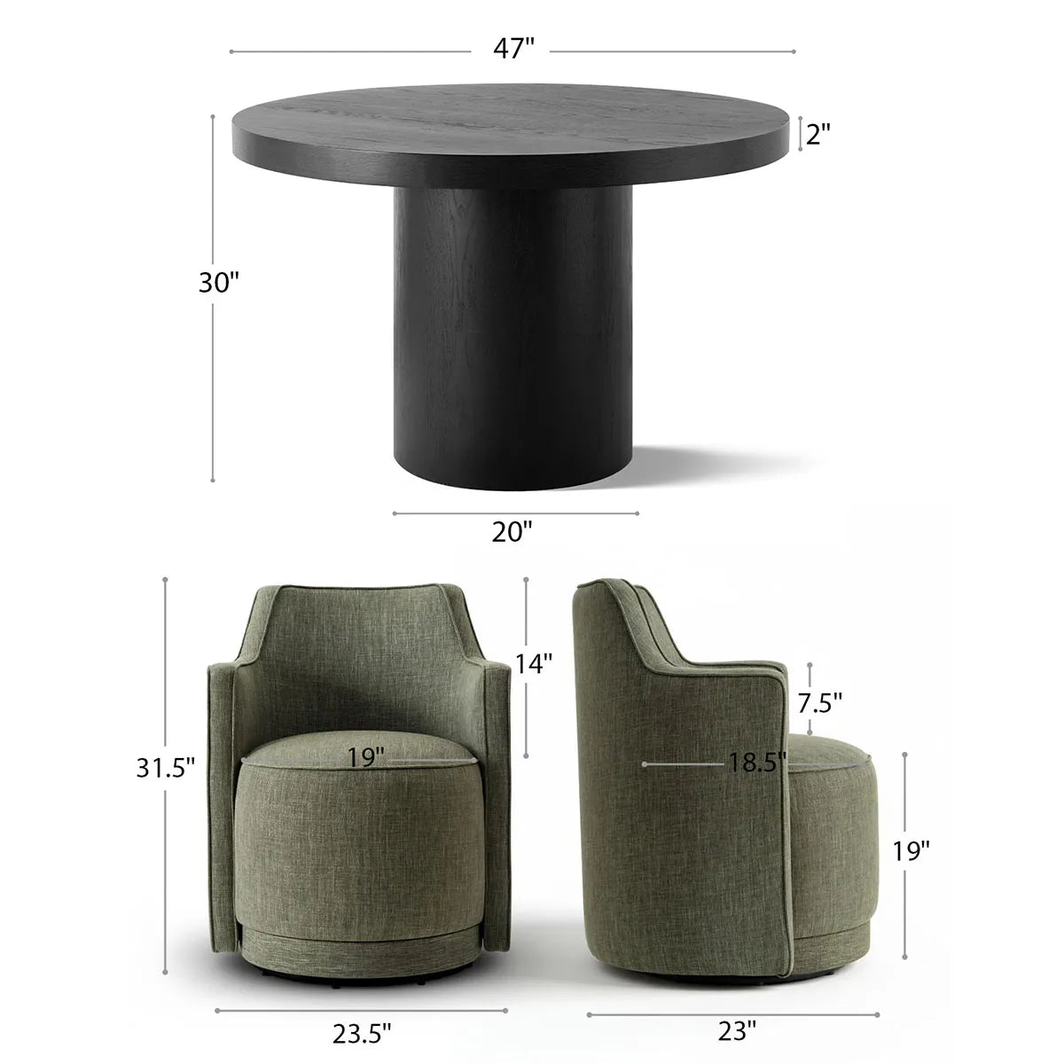 Elon & Yisa 47" Solid Oak Round Linen Pedestal Dining Table Set (5-Piece)