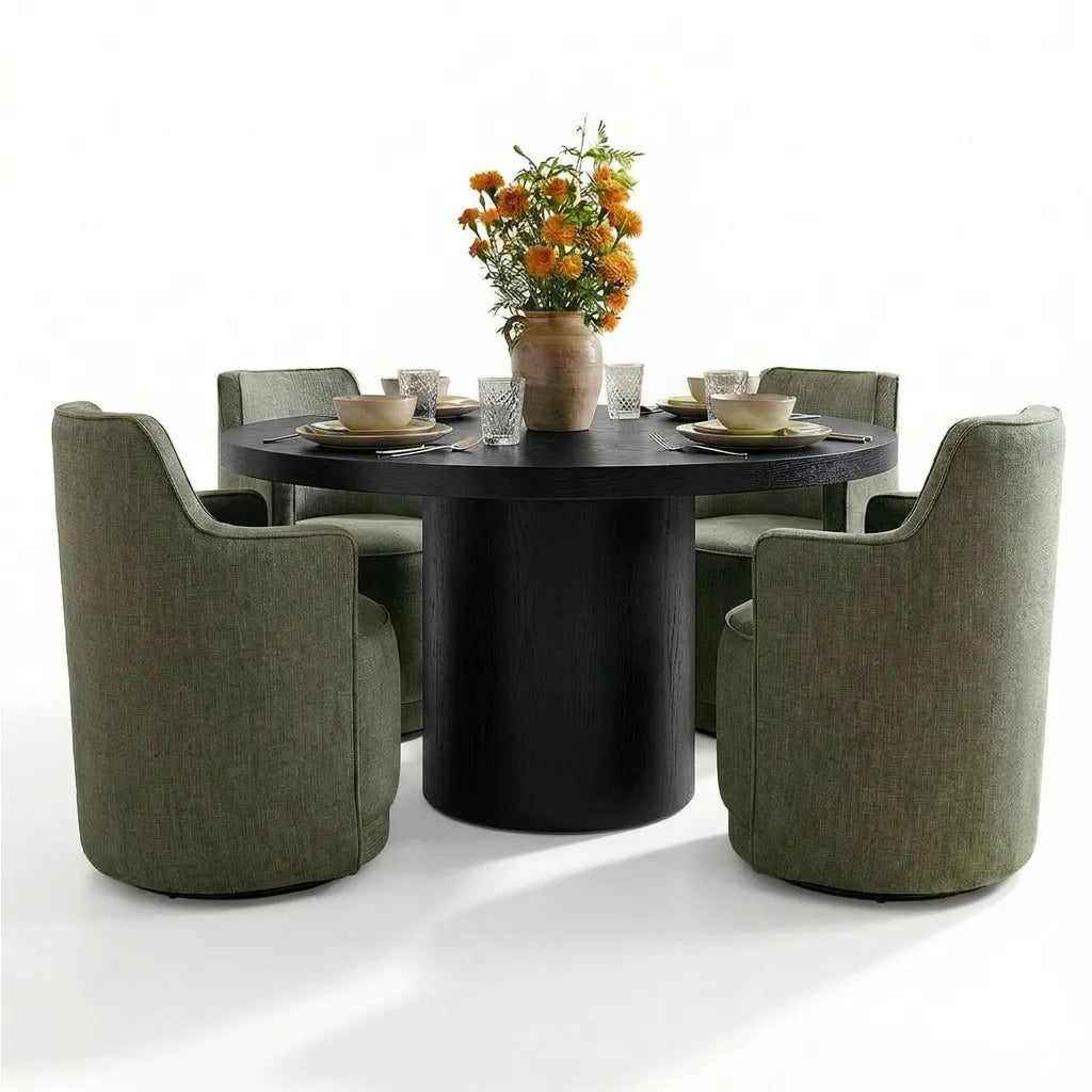 Elon & Yisa 47" Solid Oak Round Linen Pedestal Dining Table Set (5-Piece)