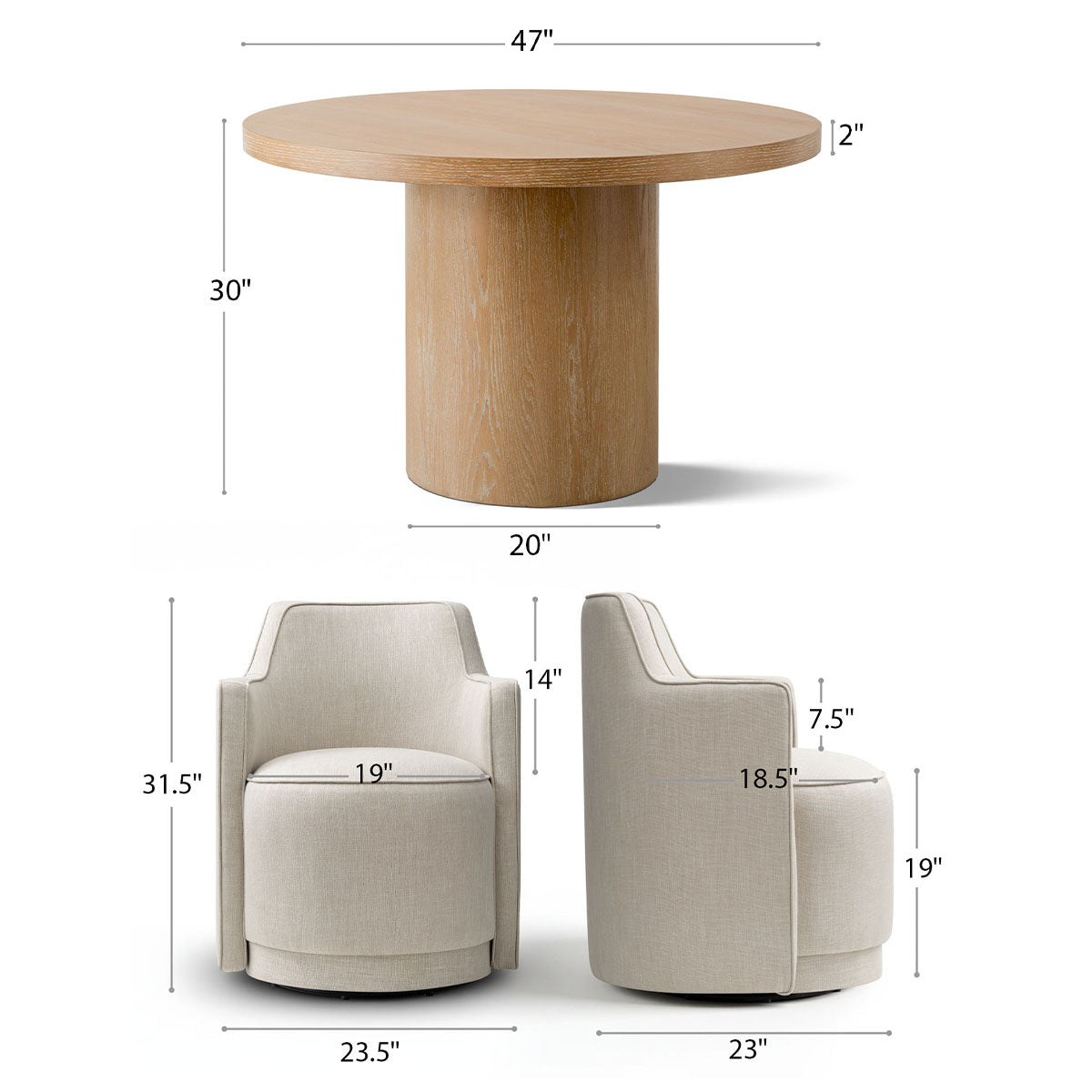 Elon & Yisa 47" Solid Oak Round Linen Pedestal Dining Table Set (5-Piece)