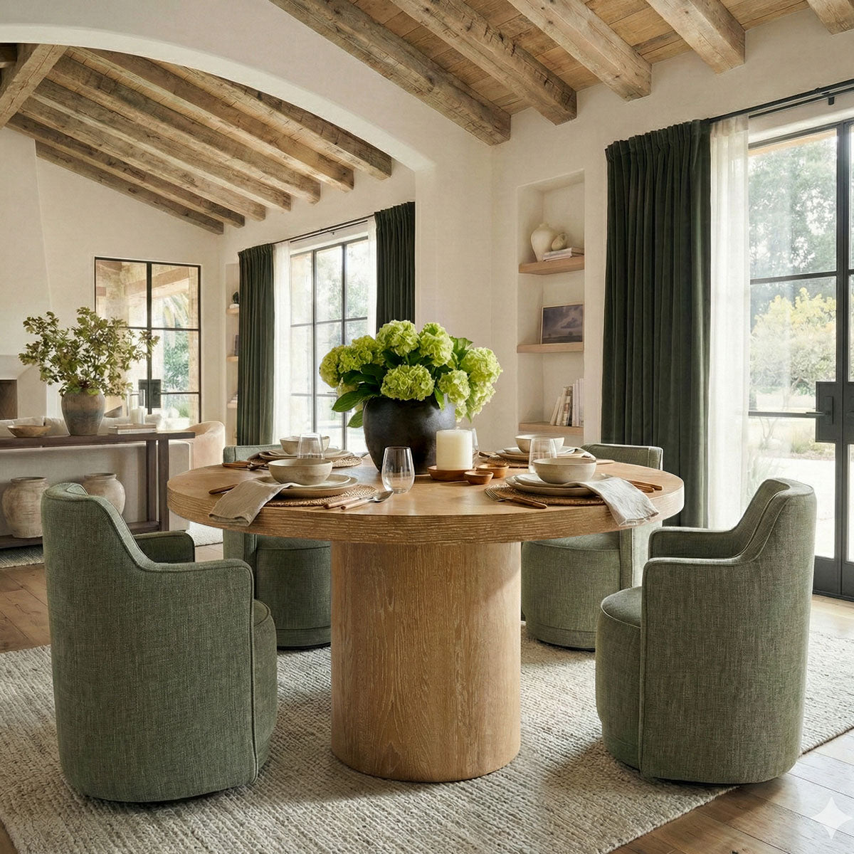 Elon & Yisa 47" Solid Oak Round Linen Pedestal Dining Table Set (5-Piece)