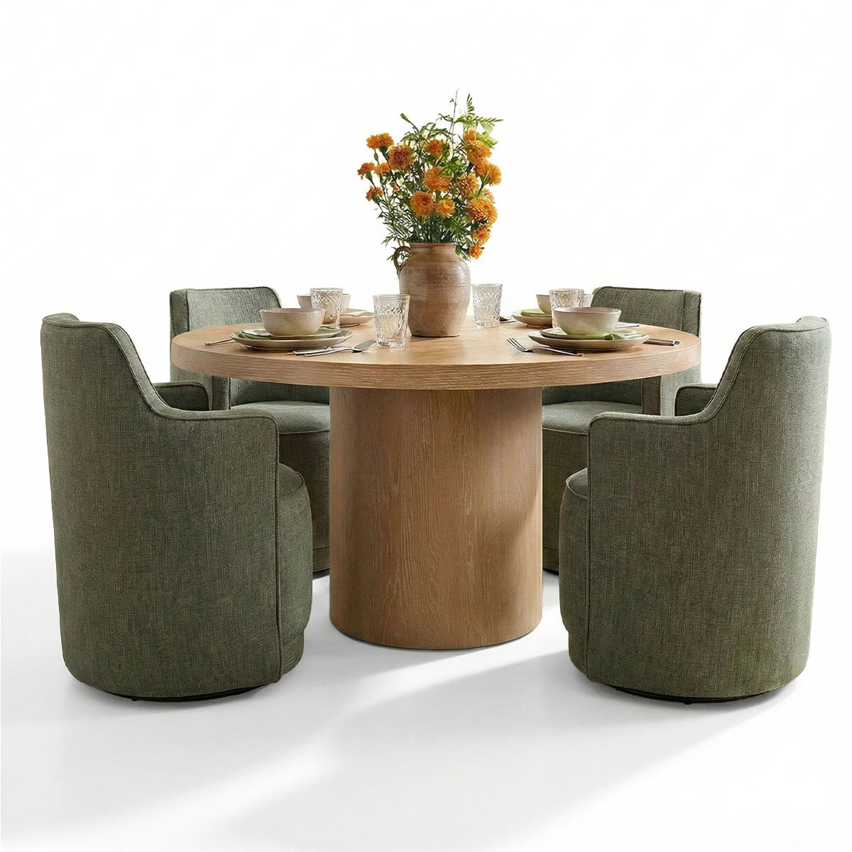 Elon & Yisa 47" Solid Oak Round Linen Pedestal Dining Table Set (5-Piece)