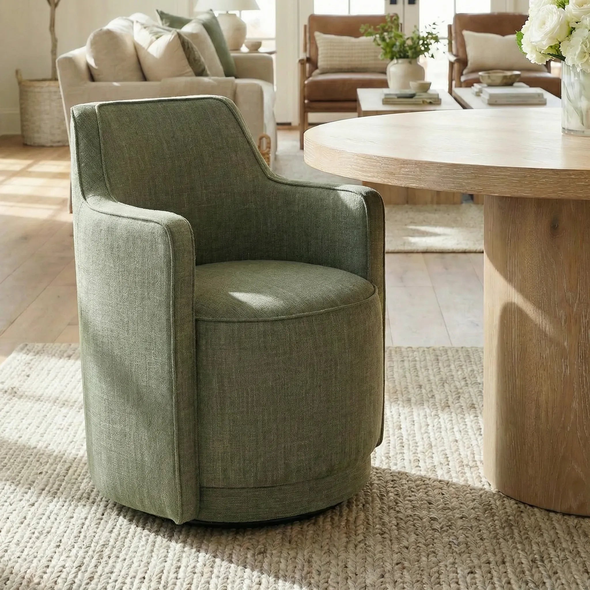 Elon & Yisa 47" Solid Oak Round Linen Pedestal Dining Table Set (5-Piece)