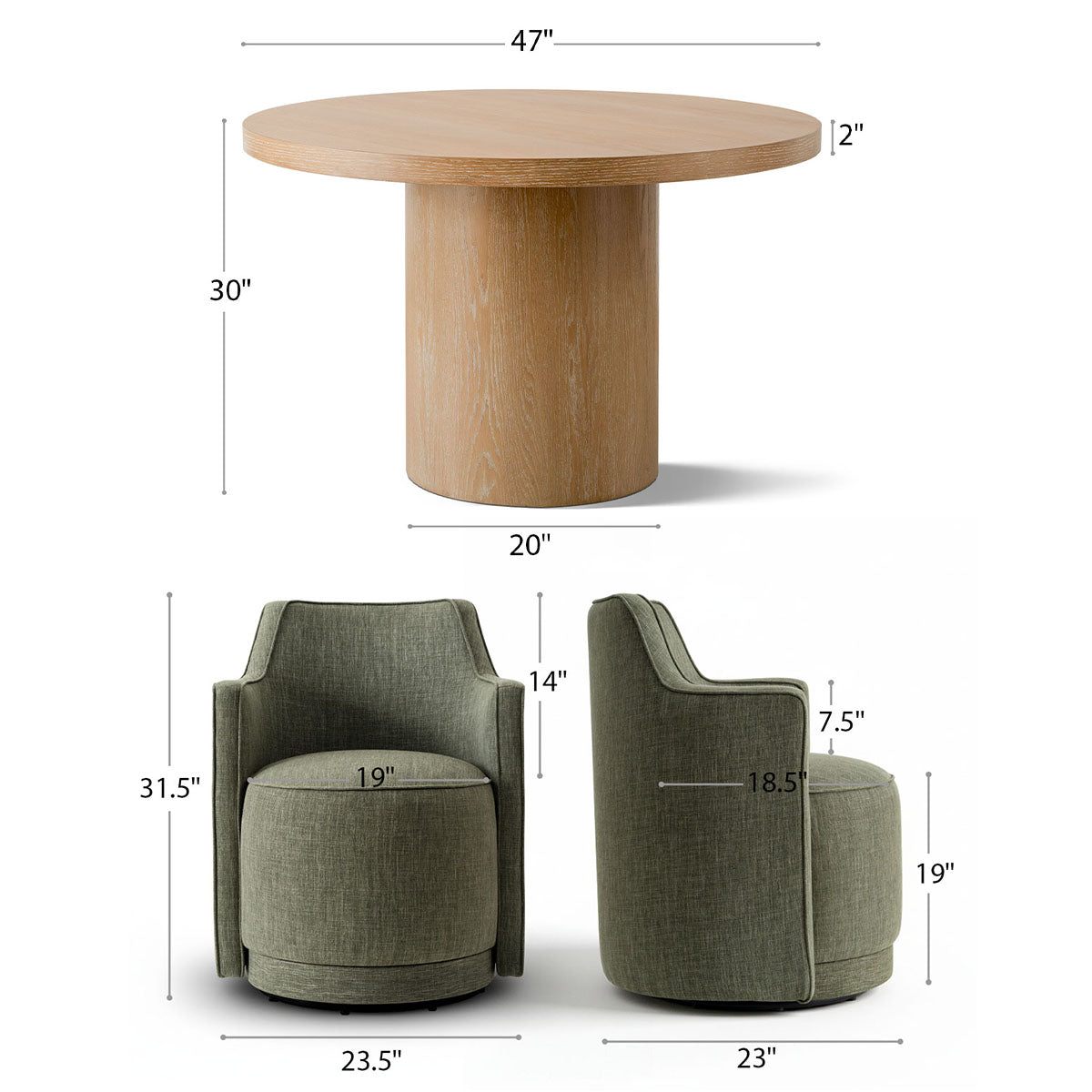 Elon & Yisa 47" Solid Oak Round Linen Pedestal Dining Table Set (5-Piece)