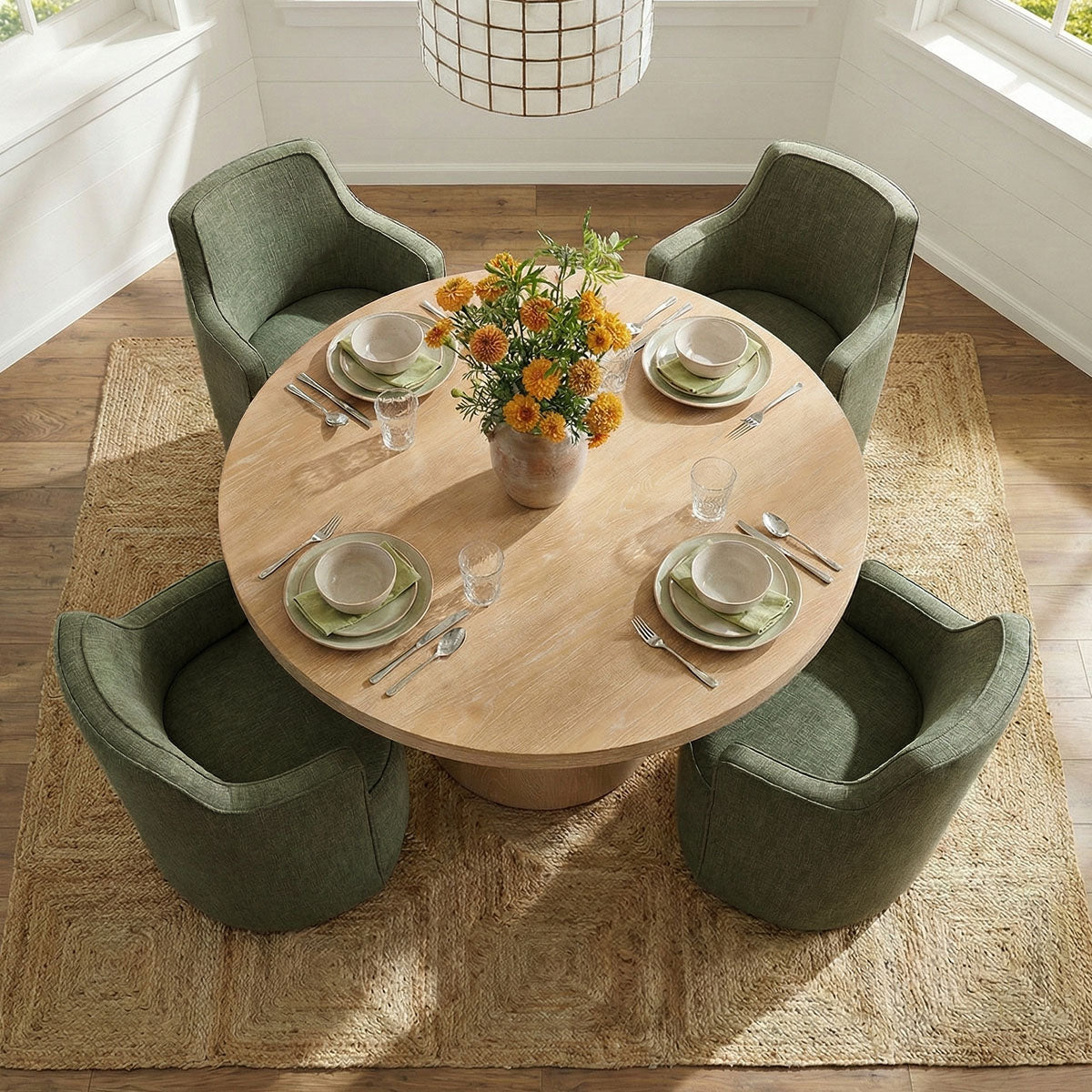 Elon & Yisa 47" Solid Oak Round Linen Pedestal Dining Table Set (5-Piece)