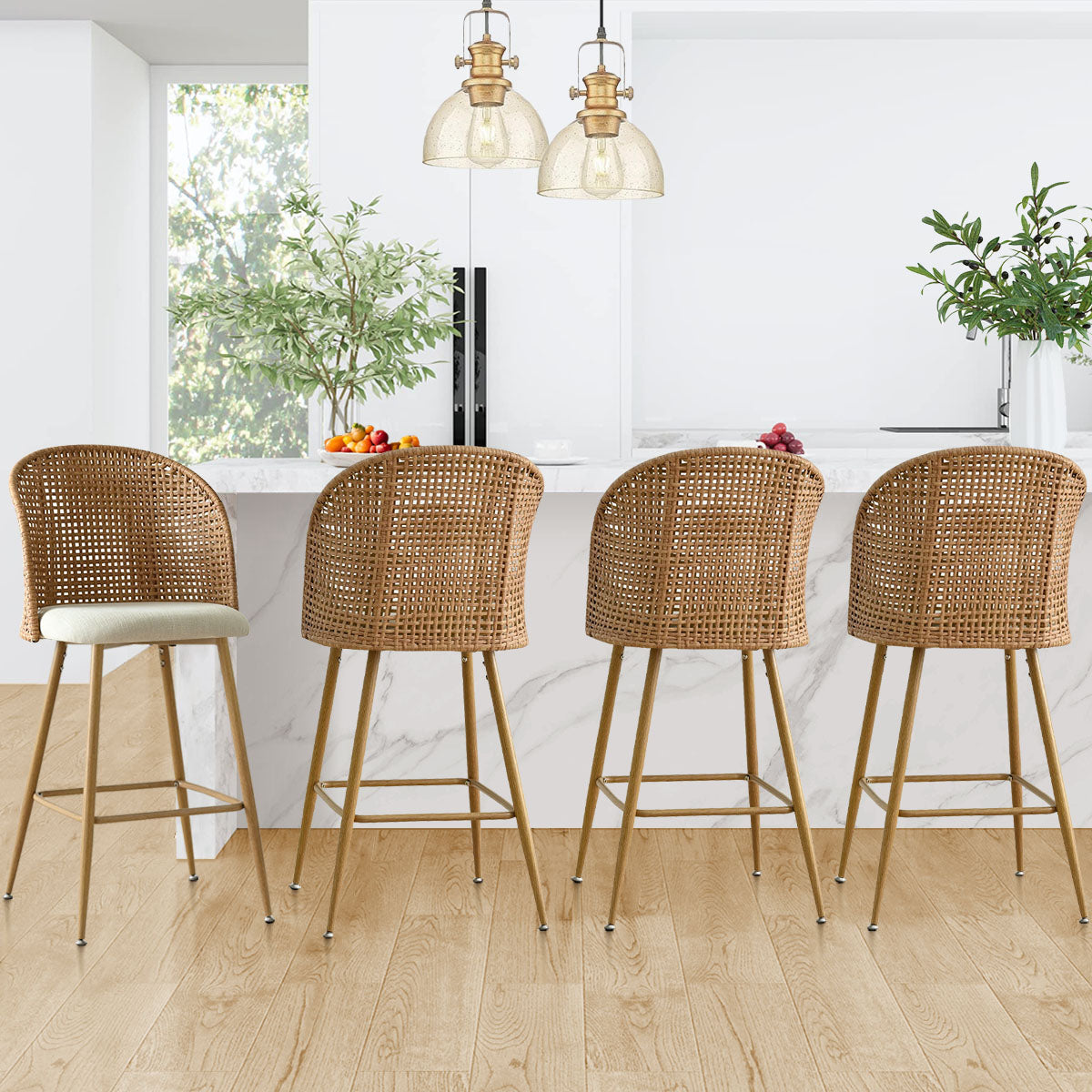 Grasse 29" Beige Rattan Upholstered Bar Stool (Set of 4)