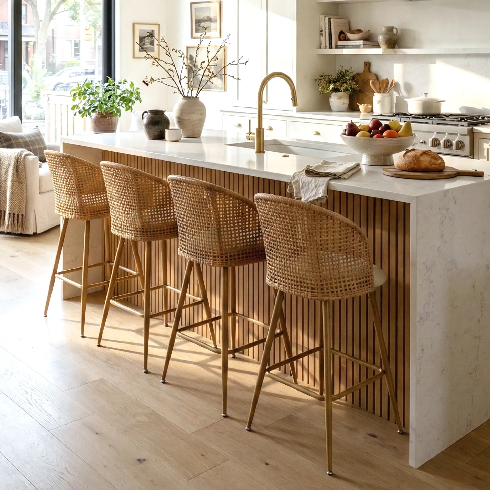 Grasse 29" Beige Rattan Upholstered Bar Stool (Set of 4)