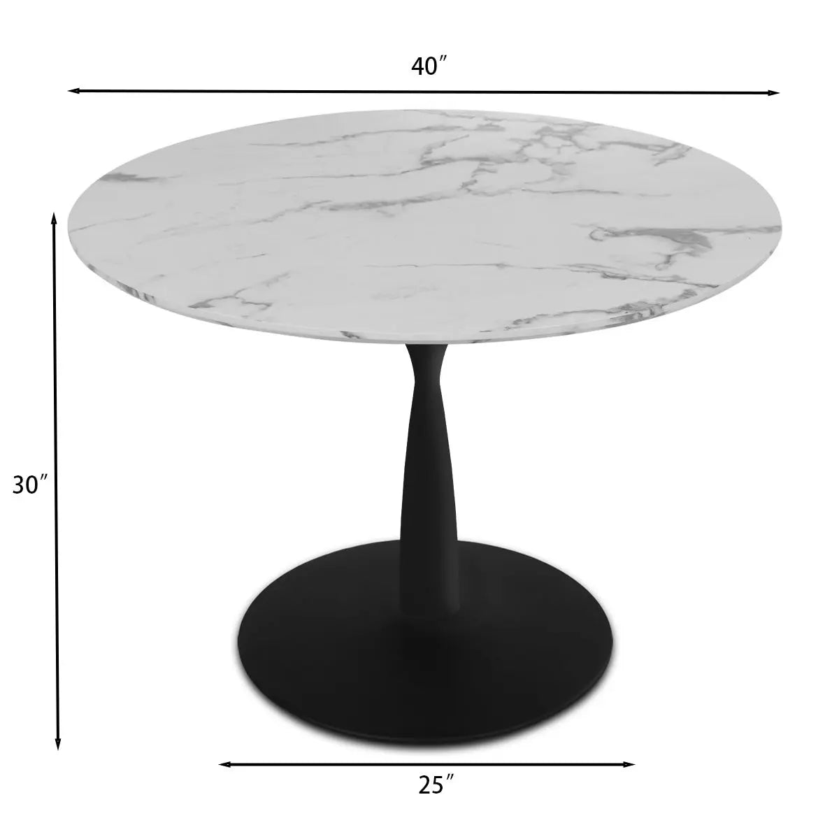 Harris Marble Top Round Pedestal Dining Table with dimensions: 40" diameter, 30" height.