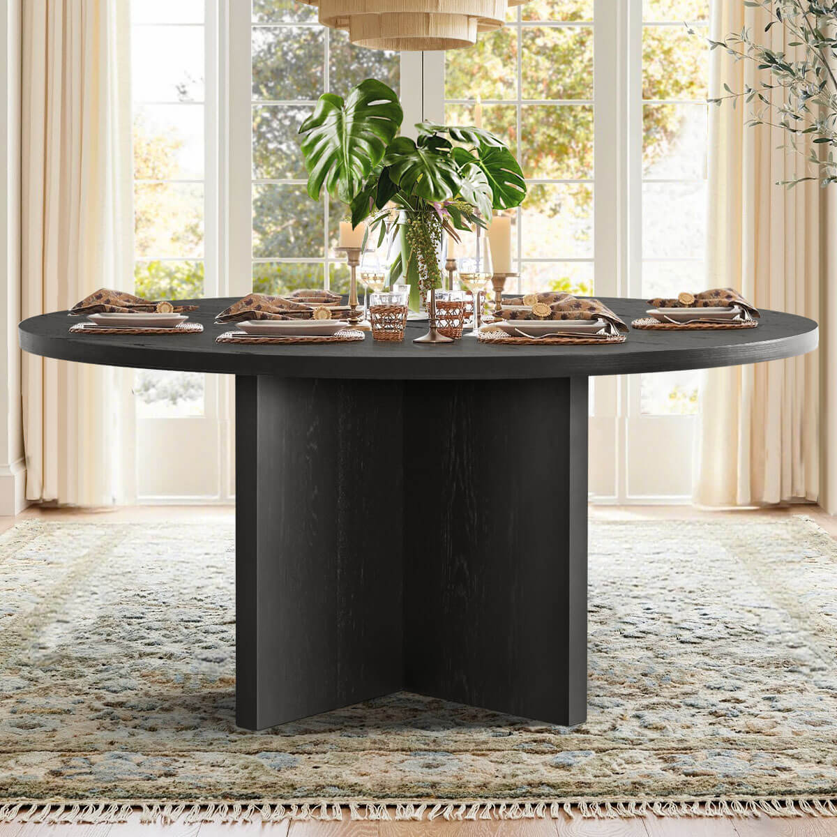 Houston 60" Round Solid Wooden Dining Table with Cross Pedestal