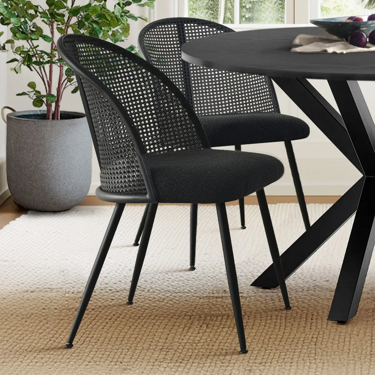 Lucca Rattan Boucle Dining Chair Set of 4(Black/White)