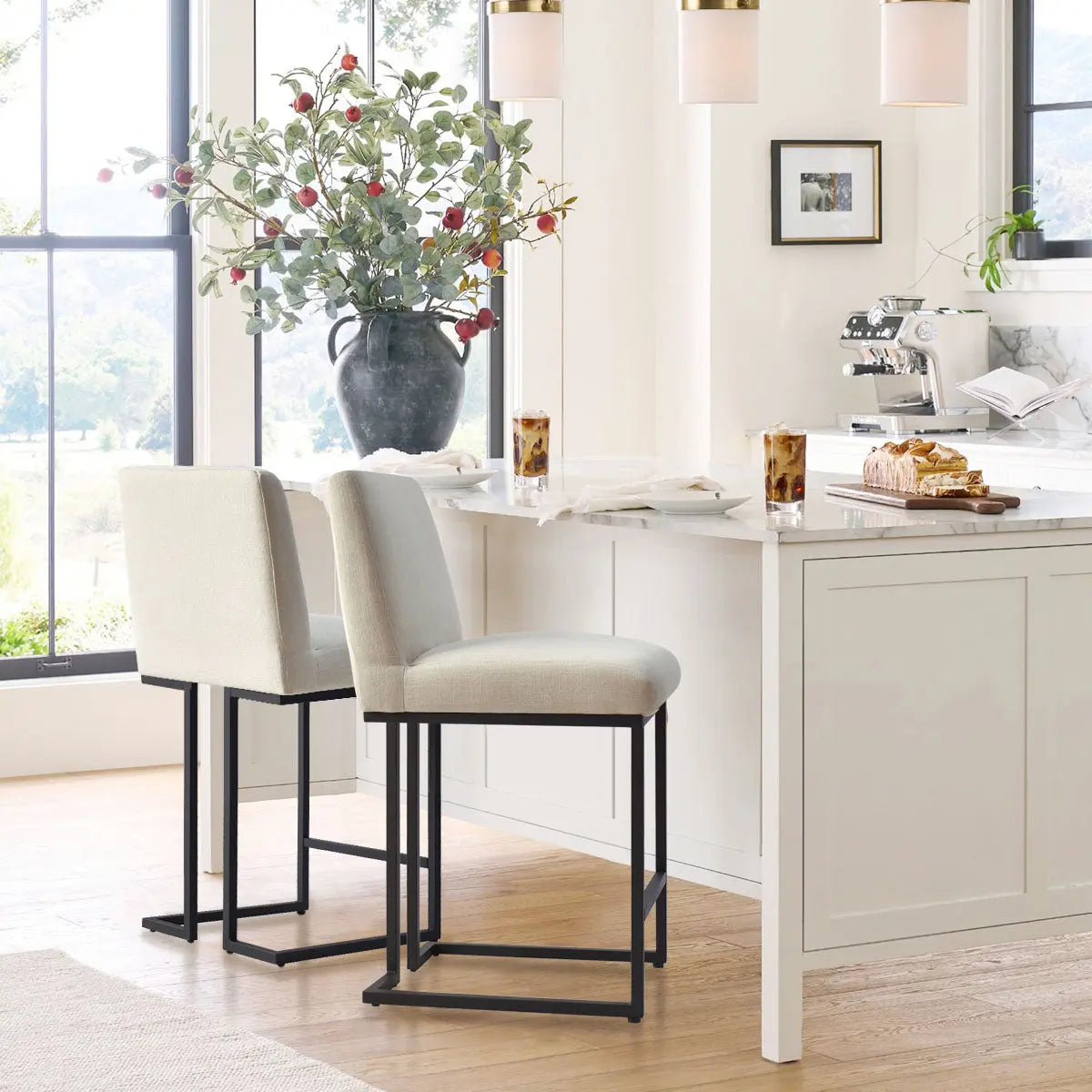Mason Modern Metal Frame Upholstered Counter Stool in kitchen with wood flooring and white cabinetry.