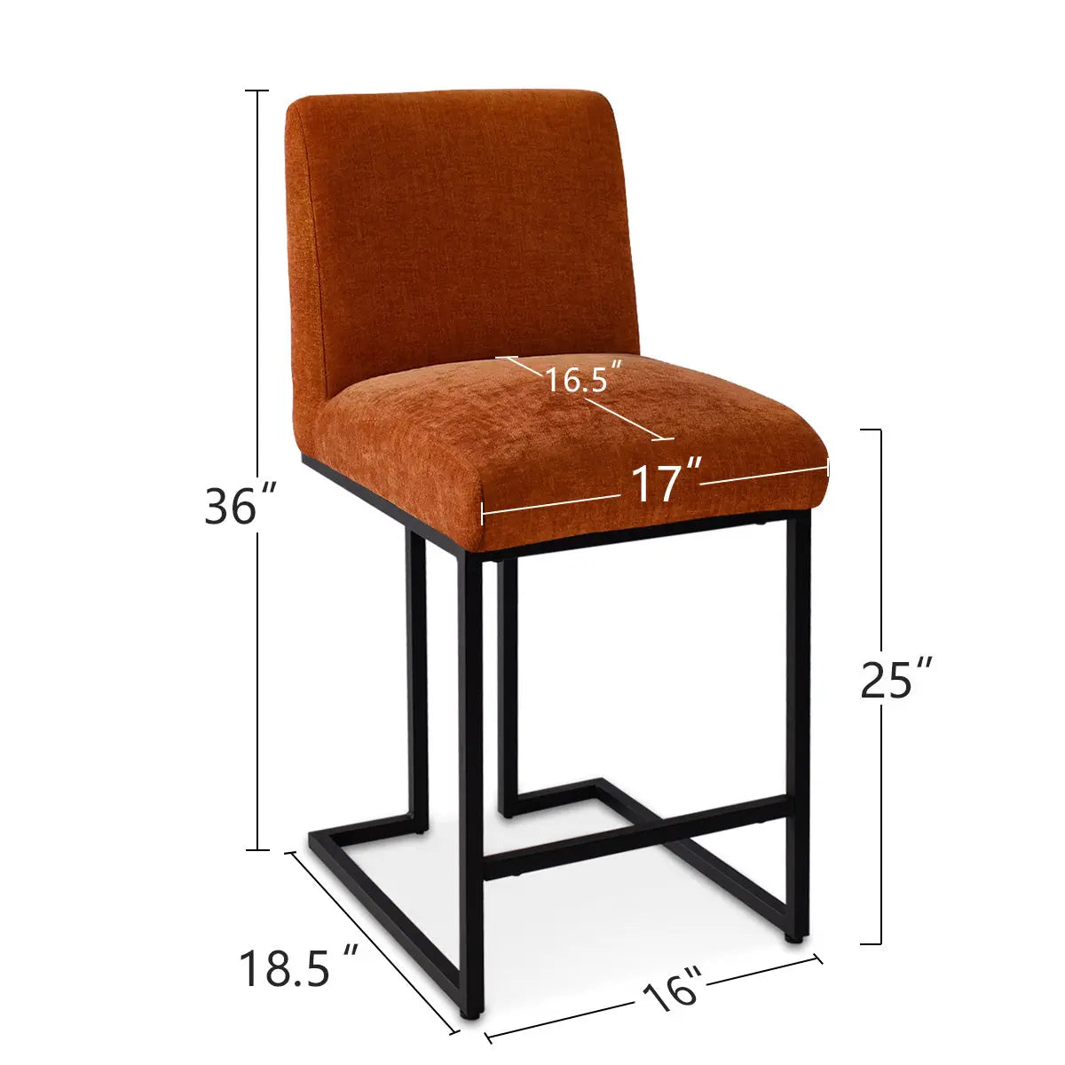 Dimensions of Mason Modern Upholstered Counter Stool with metal frame.