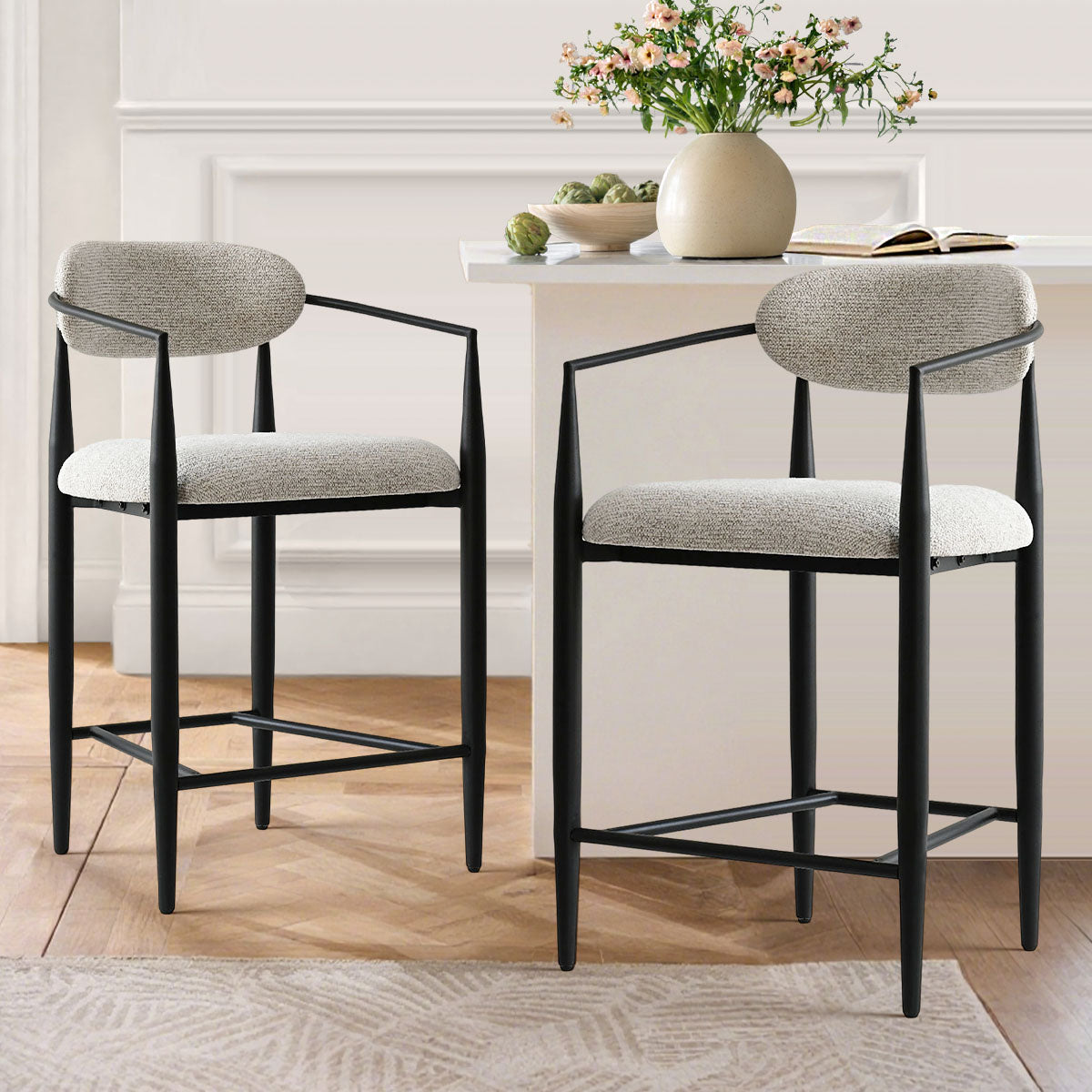 Manhattan 25.5" Chenille Metal Frame Counter Stool With Armrest And Footrest (Set of 2)