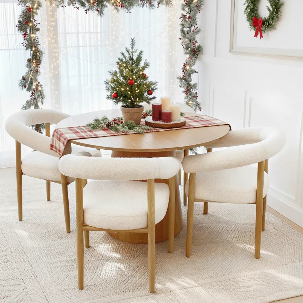 Dwen & Melbourne 46" Round & Boucle Dining Table Set for 4 (5-Piece)