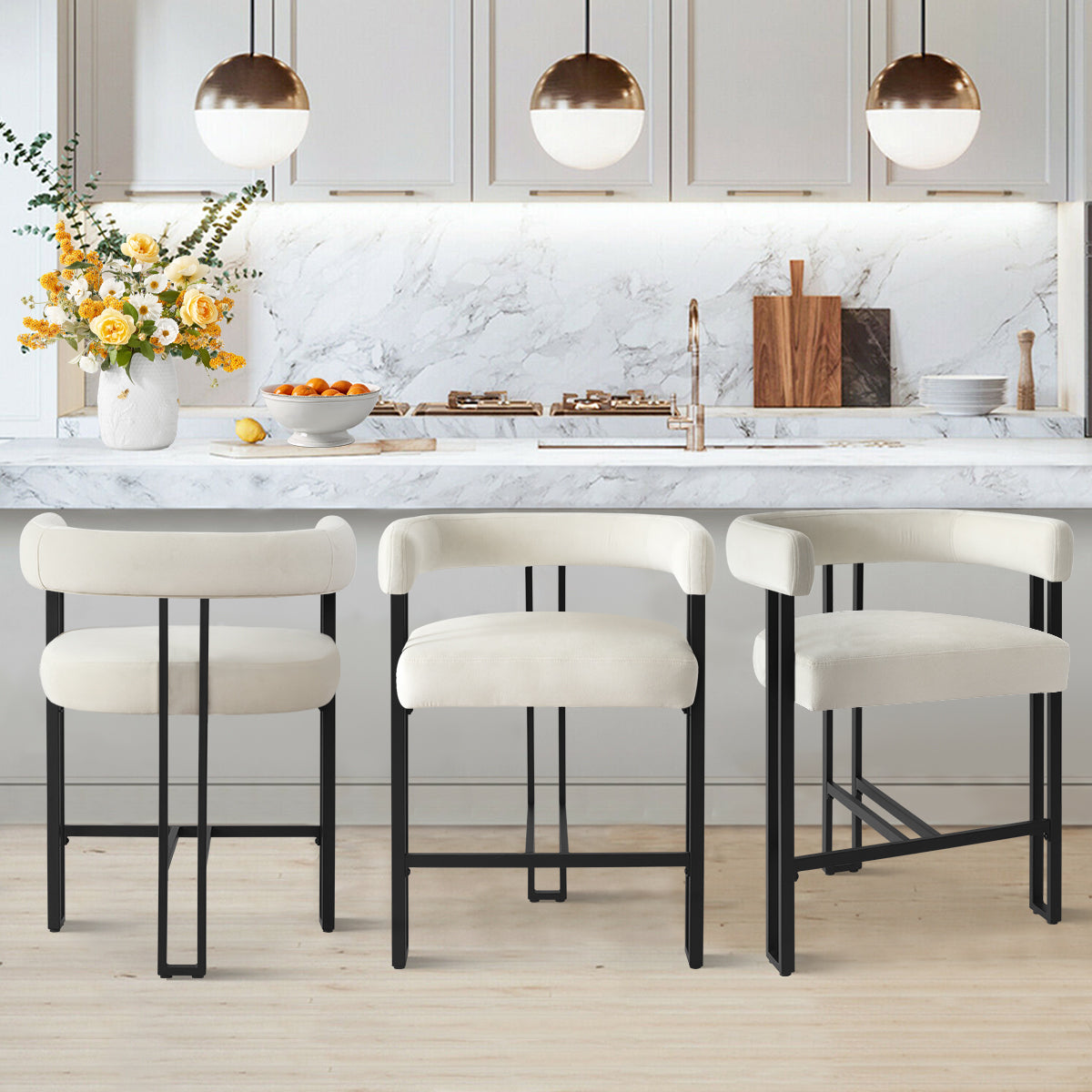 Mia 24" Modern Velvet Counter Stool with Arms (Set of 3)