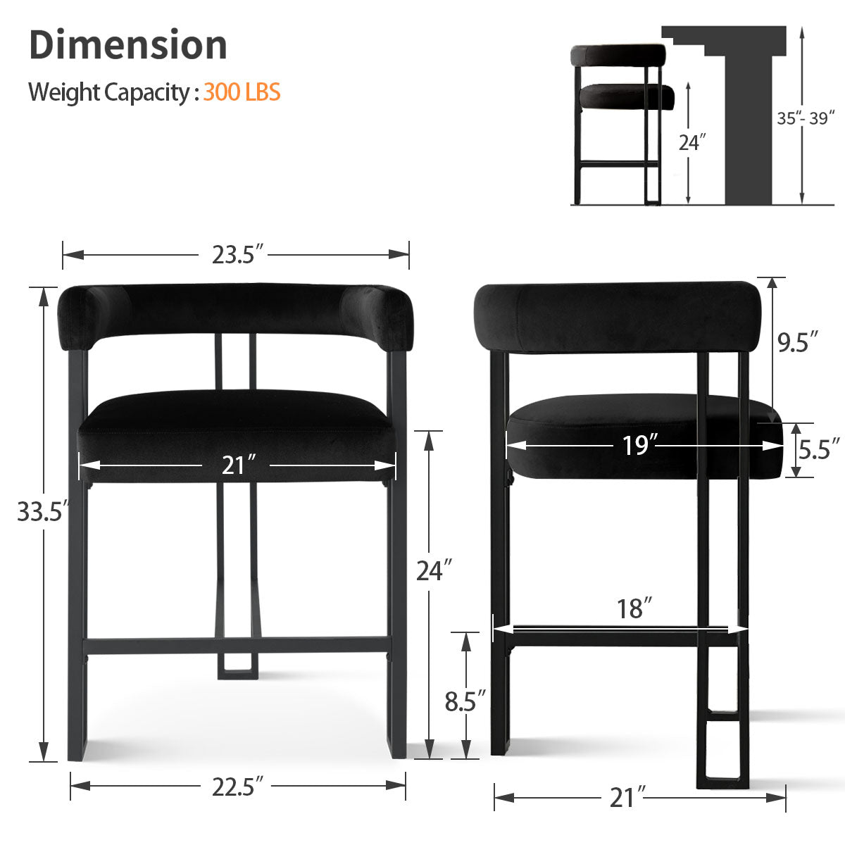 Mia 24" Modern Velvet Counter Stool with Arms (Set of 4)