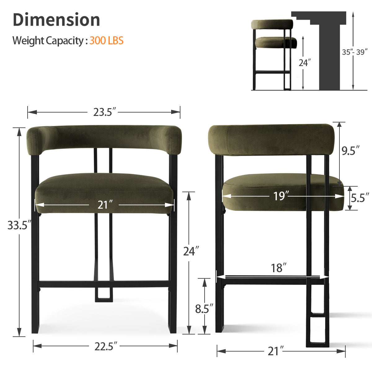 Mia 24" Modern Velvet Counter Stool with Arms (Set of 4)