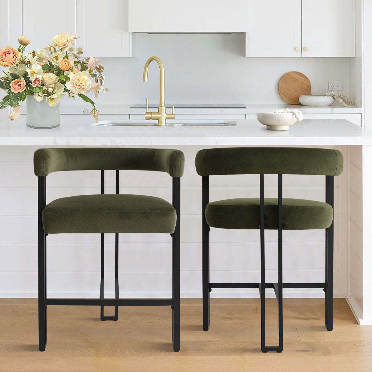 Mia 24" Modern Velvet Counter Stool with Arms (Set of 2)