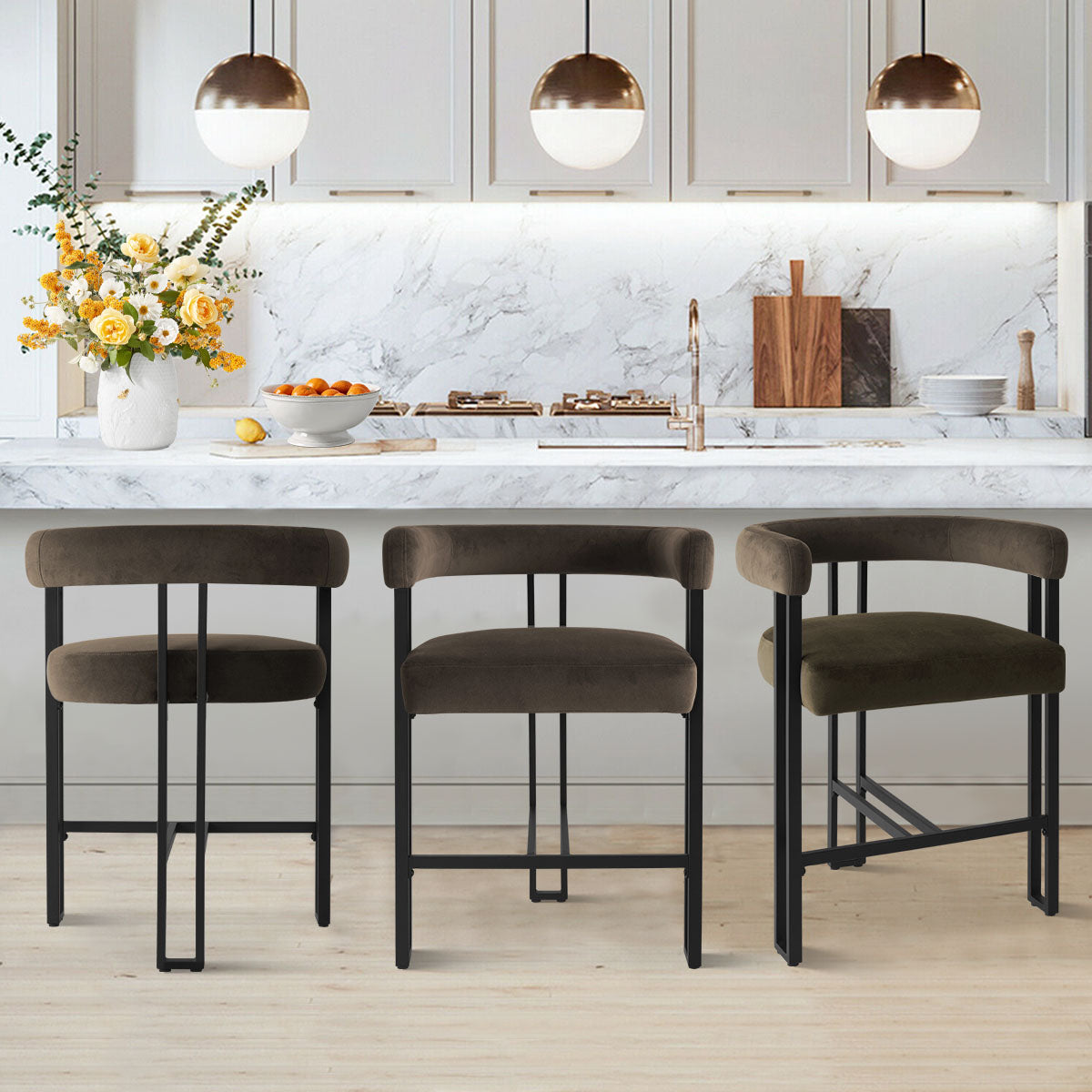 Mia 24" Modern Velvet Counter Stool with Arms (Set of 3)