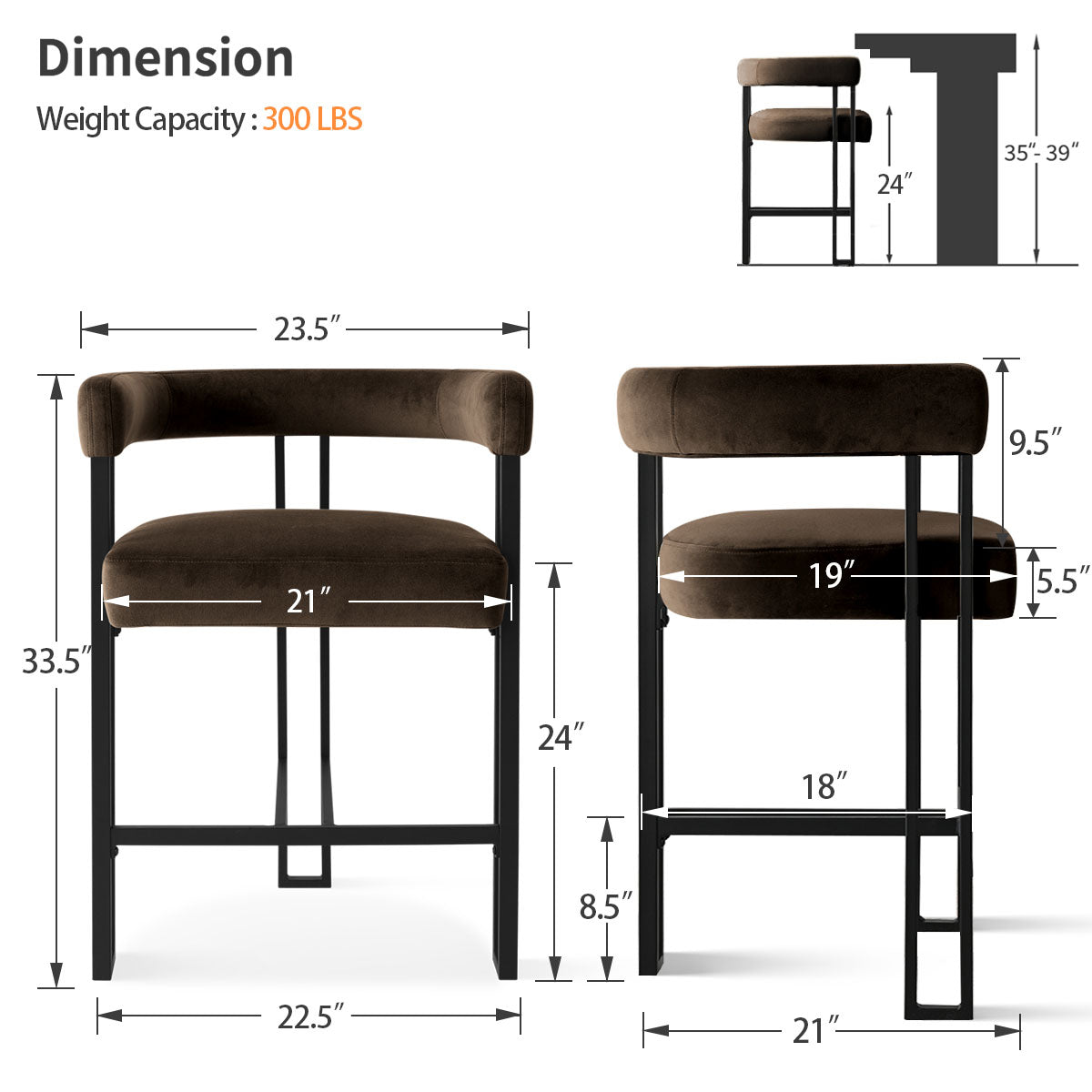 Mia 24" Modern Velvet Counter Stool with Arms (Set of 4)