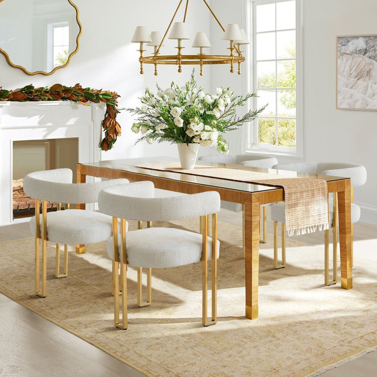 Mia 24" Modern Gold Chenille Dining Chair with Arms (Set of 4)