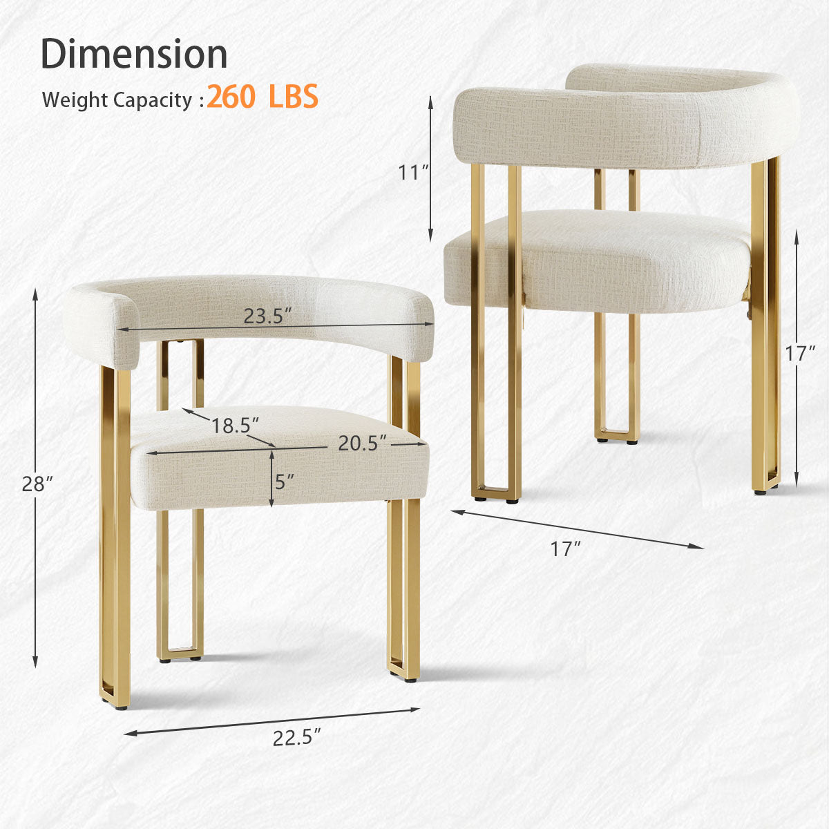 Mia 24" Modern Gold Chenille Dining Chair with Arms (Set of 6)