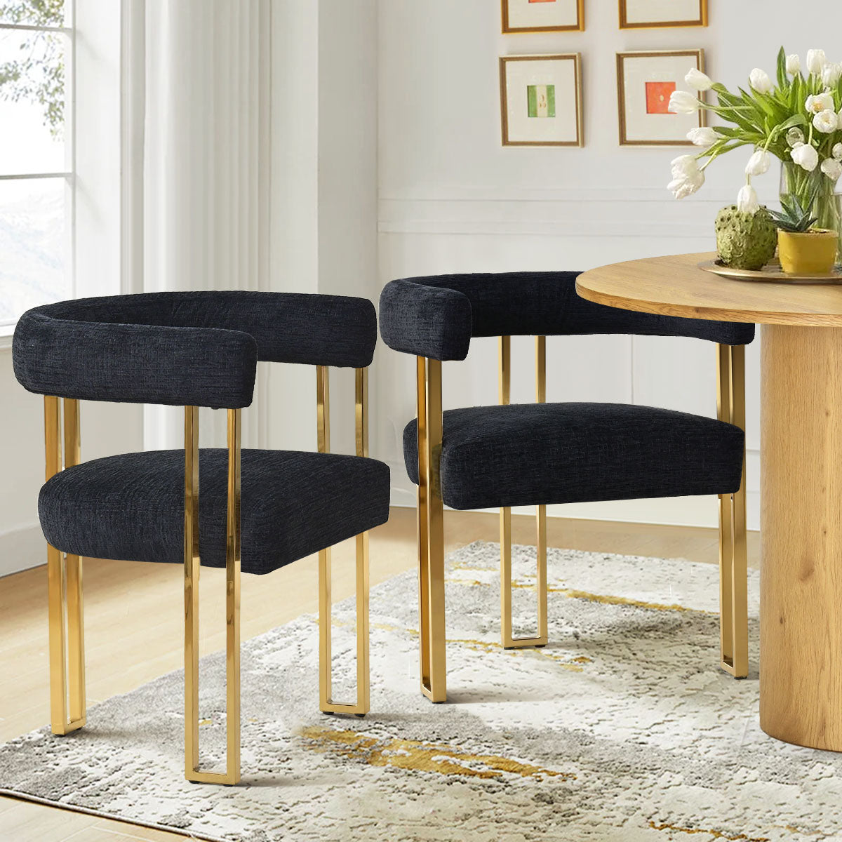 Mia 24" Modern Gold Chenille Dining Chair with Arms (Set of 2)