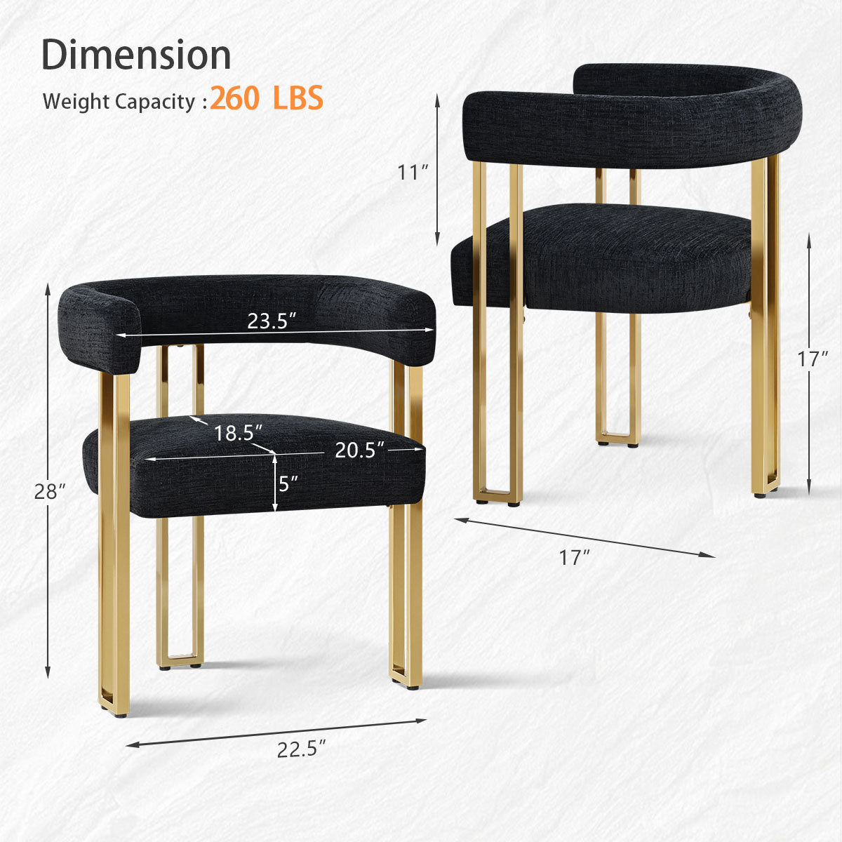 Mia 24" Modern Gold Chenille Dining Chair with Arms (Set of 6)