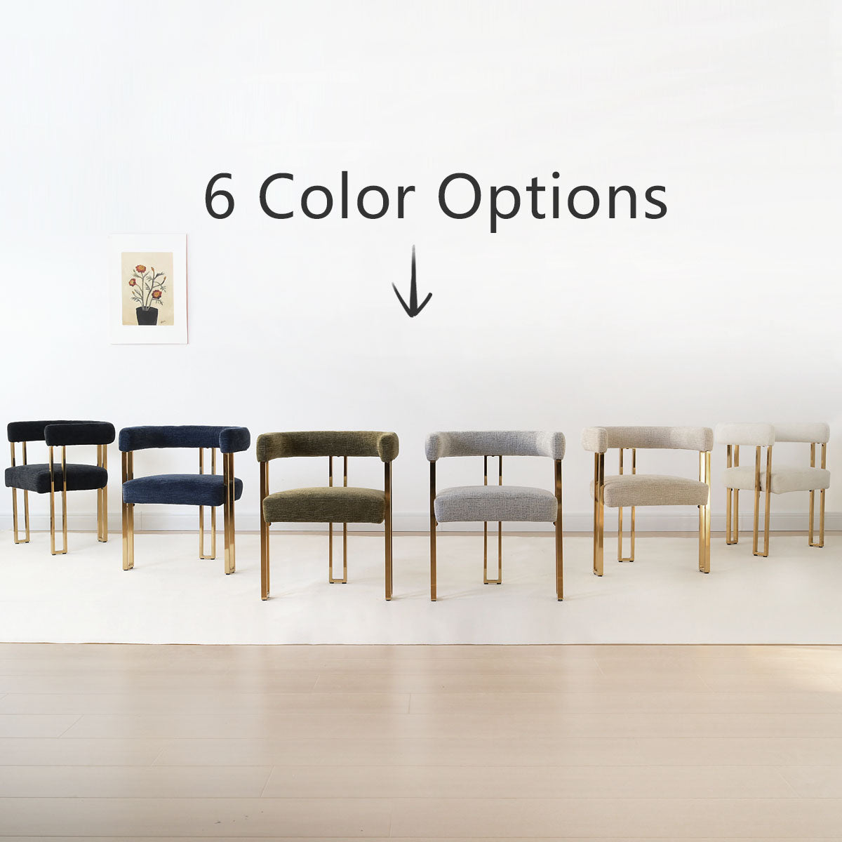 Mia 24" Modern Gold Chenille Dining Chair with Arms (Set of 6)