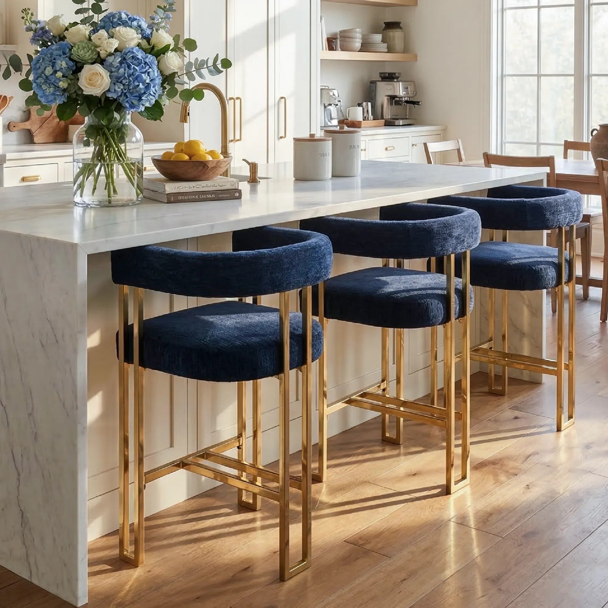 Mia 24" Modern Gold Chenille Counter Stool with Arms (Set of 3)
