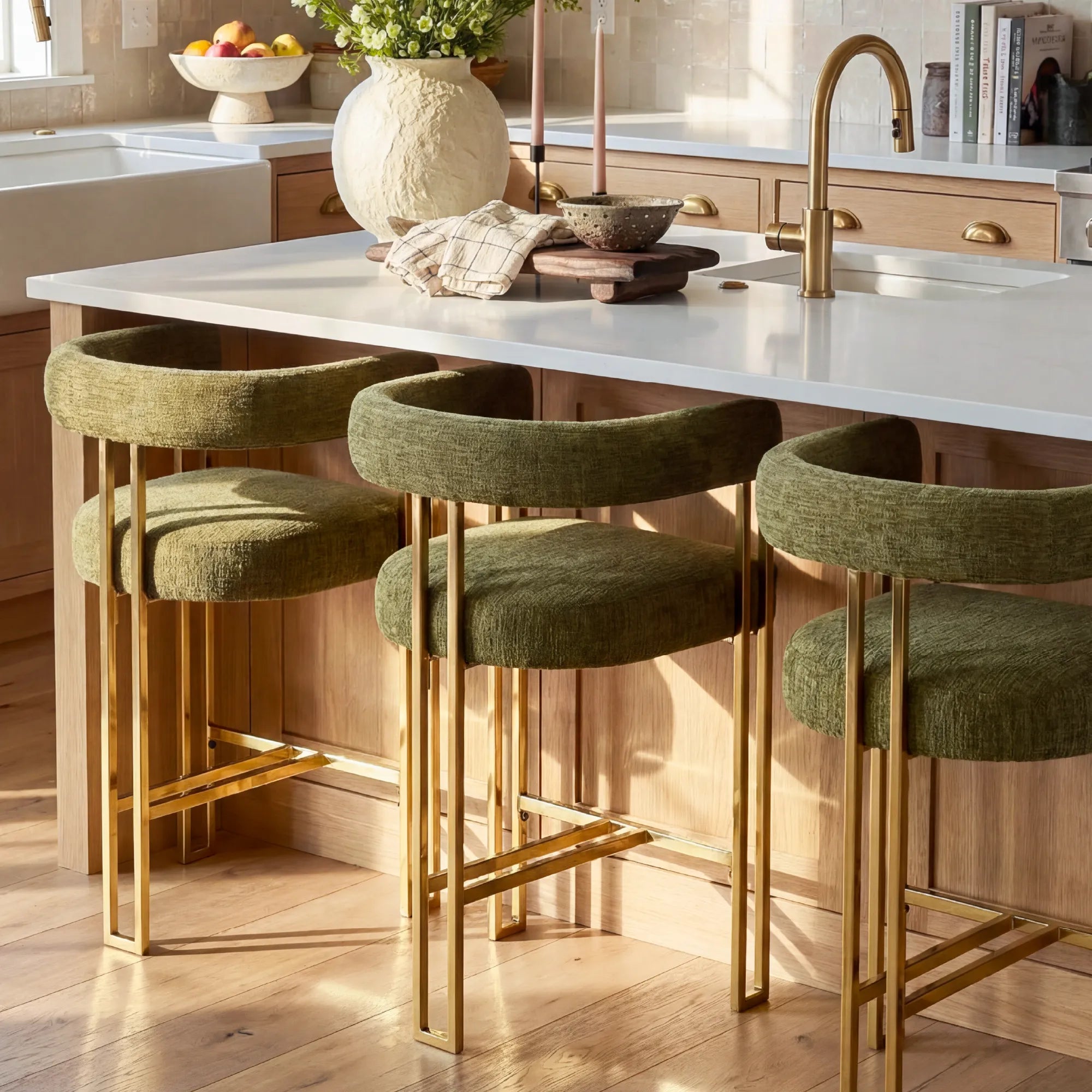Mia 24" Modern Gold Chenille Counter Stool with Arms (Set of 3)