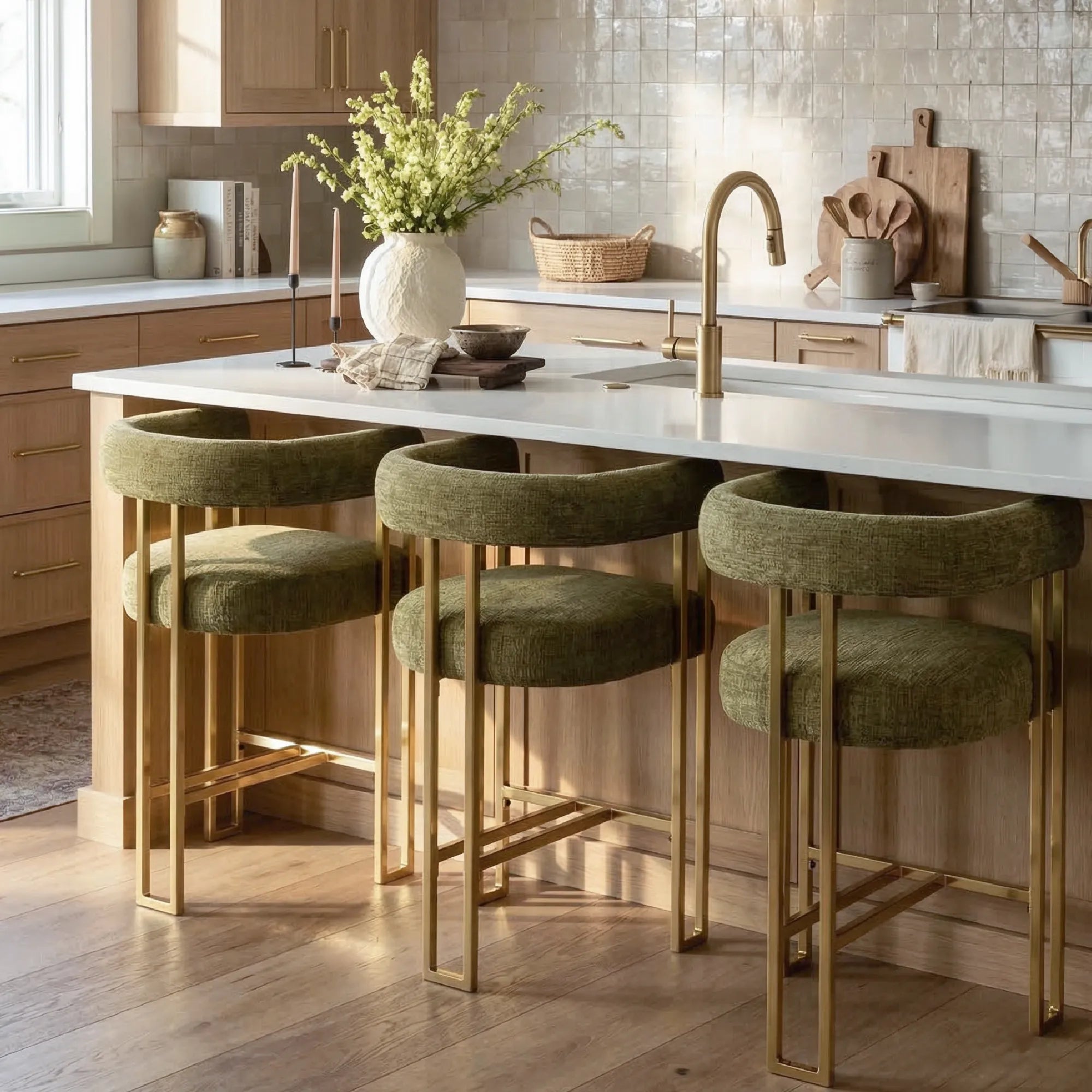 Mia 24" Modern Gold Chenille Counter Stool with Arms (Set of 2)