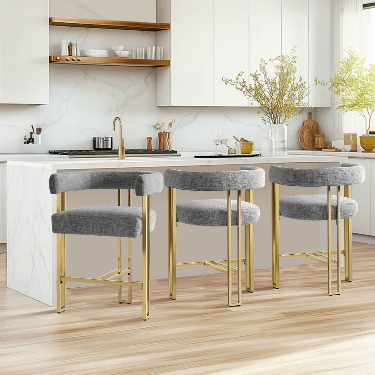 Mia 24" Modern Gold Chenille Counter Stool with Arms (Set of 3)