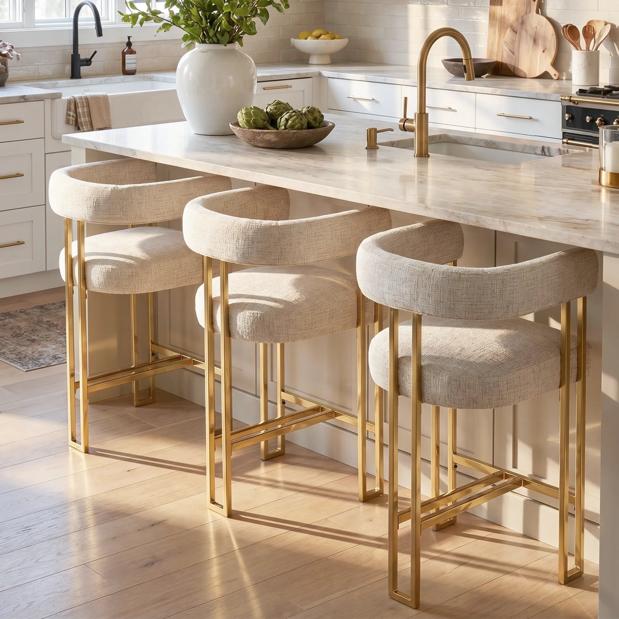 Mia 24" Modern Gold Chenille Counter Stool with Arms (Set of 2)