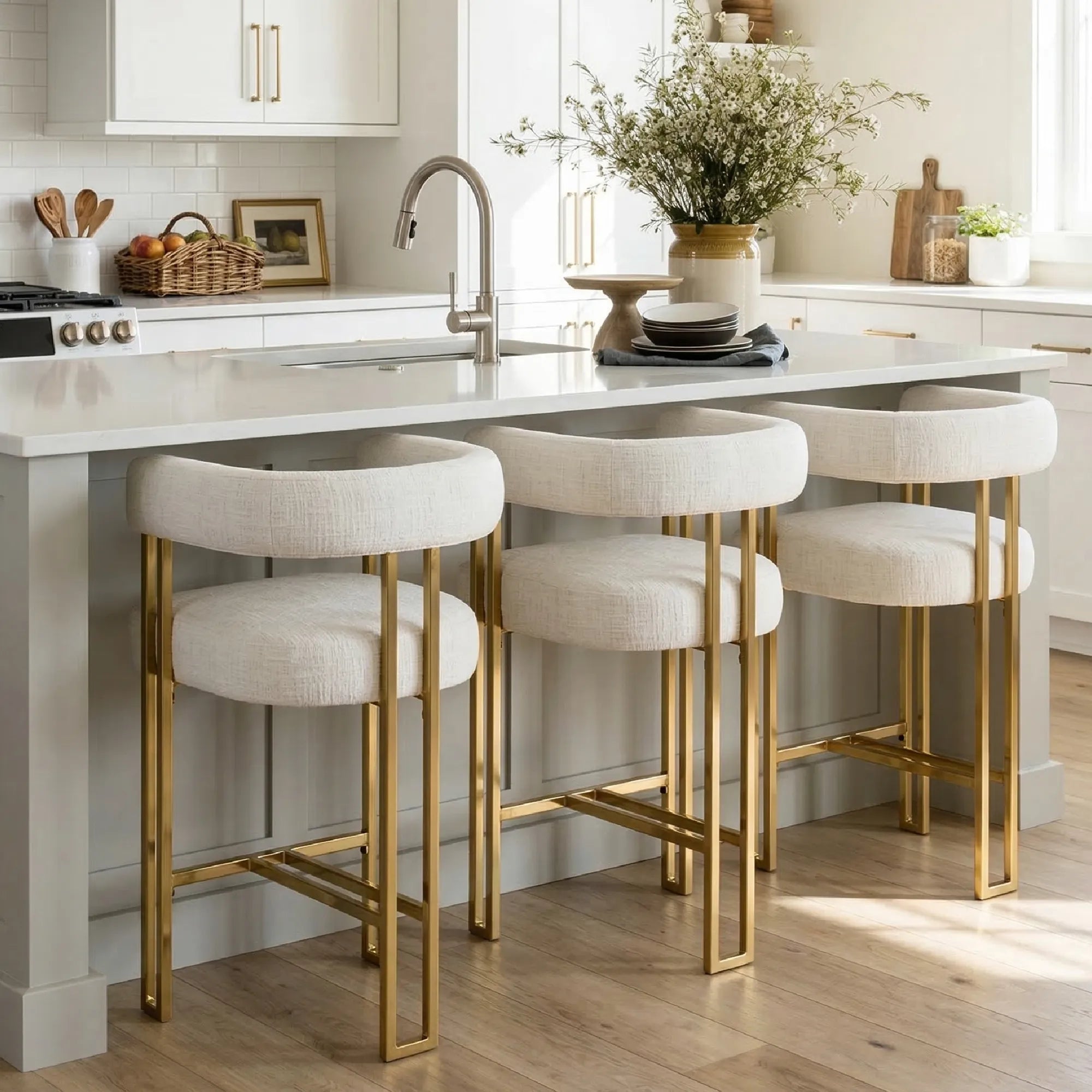 Mia 24" Modern Gold Chenille Counter Stool with Arms (Set of 3)