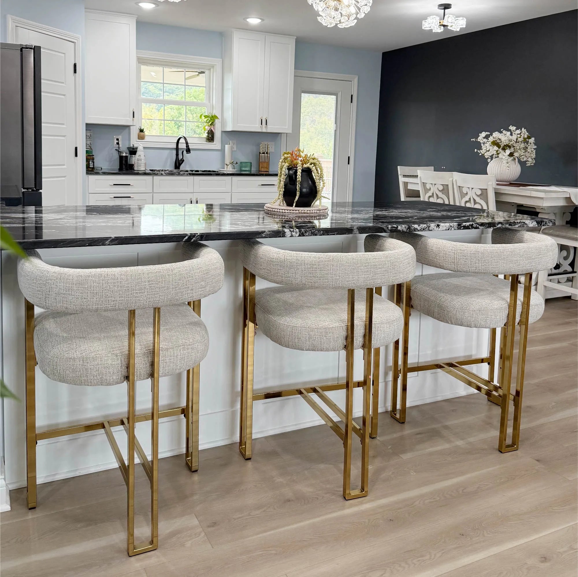 Mia 24" Modern Gold Chenille Counter Stool with Arms (Set of 3)