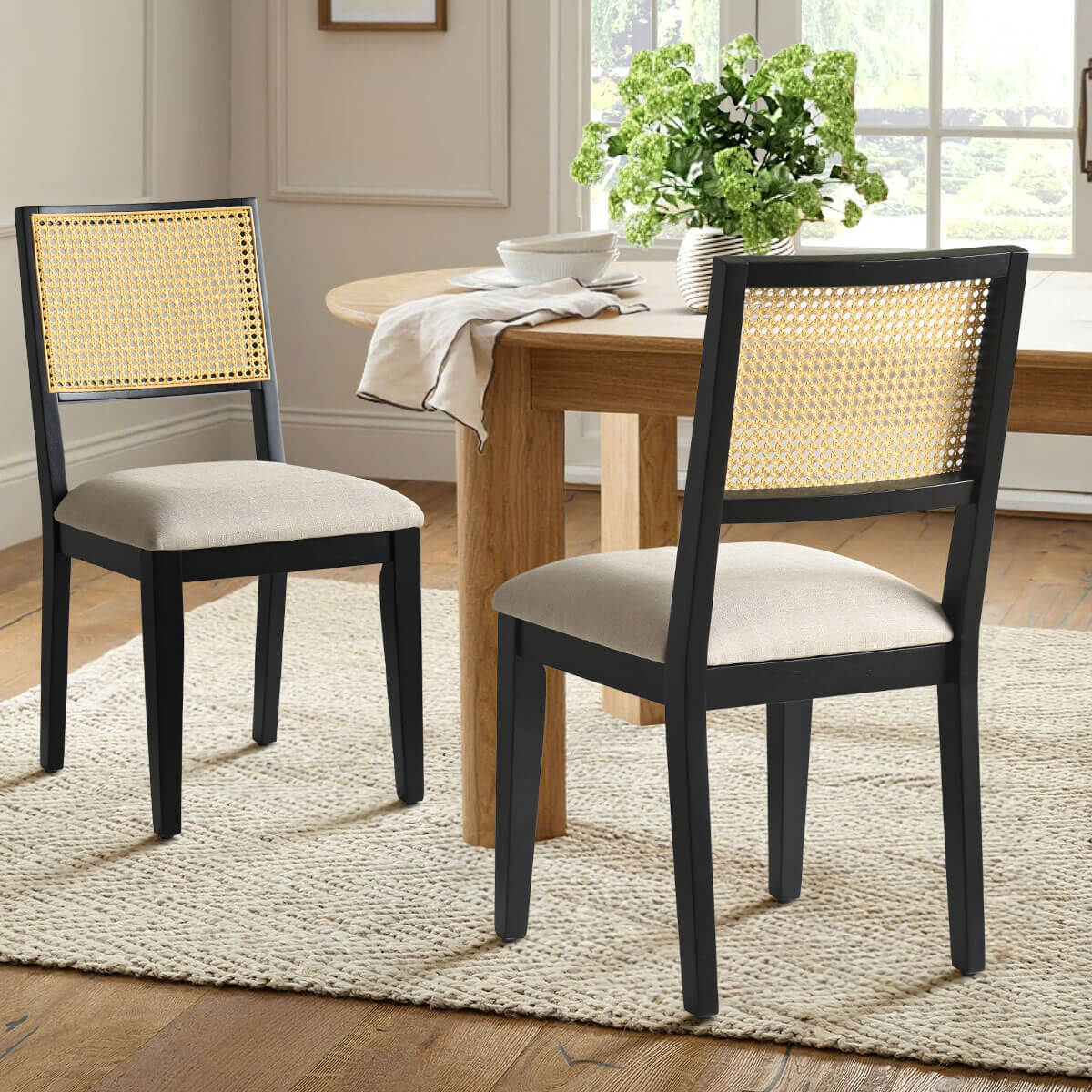 Monica Rattan Solid Wood Upholstered Dining Chair (Set of 2)